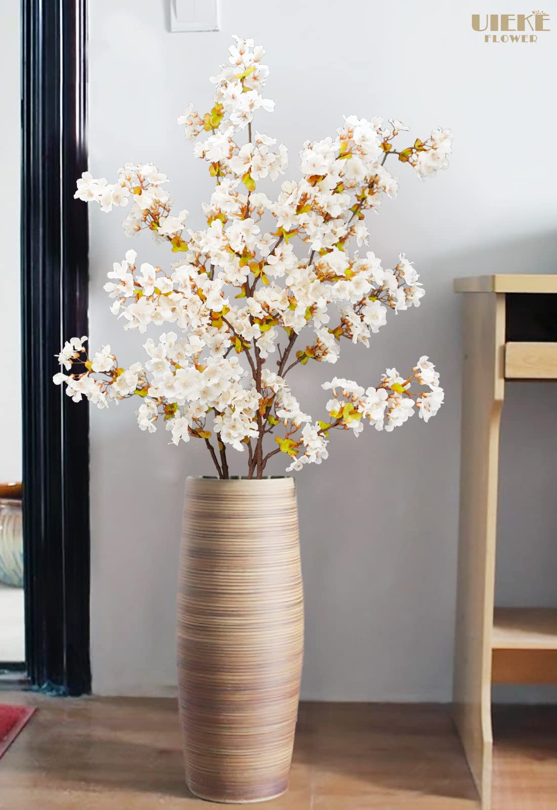 Uieke Silk White Cherry Blossom Branches, 39.3in Artificial Cherry Blossom Stems, Fake Plum Blossom Flowers Arrangement for Wedding Home Decor, Set of 8