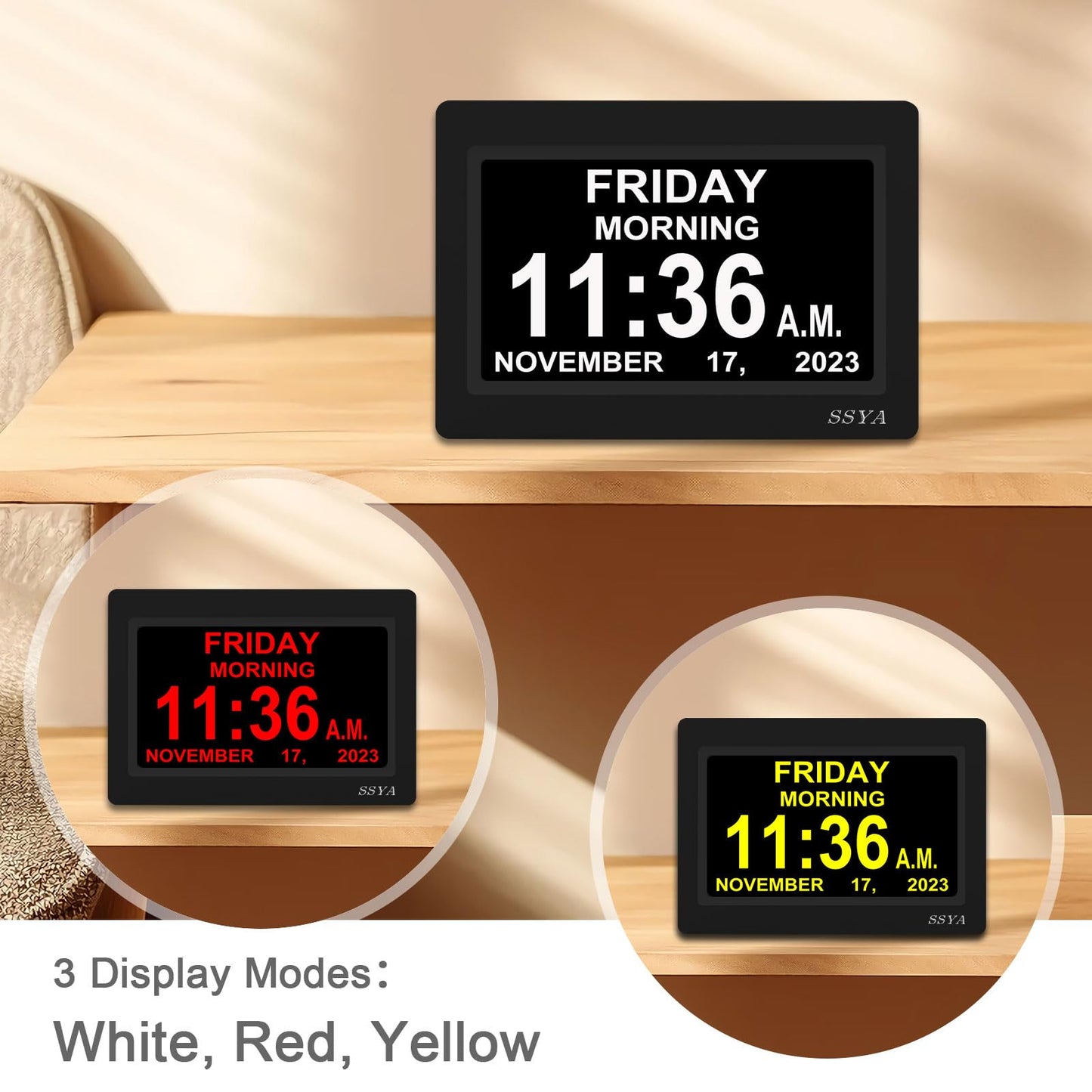 SSYA [Newest Version] 7 Inch Calendar Clock - 12 Alarm Options, Level 5 Auto Dimmable Display,Extra Large Impaired Vision Digital Clock with Non-Abbreviated Day & Month Alarm Clock (7 inch)