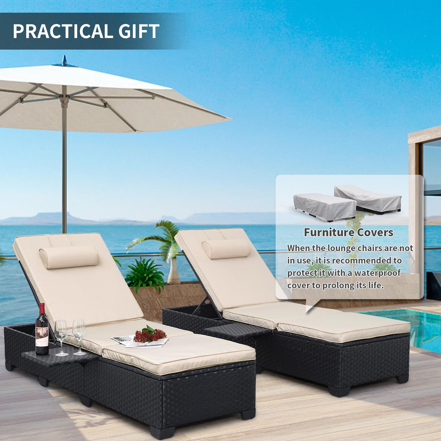 WAROOM Outdoor PE Wicker Chaise Lounge Chairs Set of 2 Patio Black Rattan Reclining Chair Adjustable Backrest Pool Sunbathing Recliners with Furniture Cover, Khaki