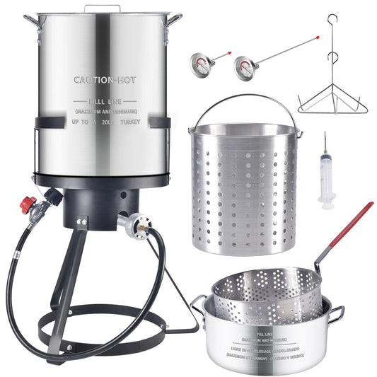 HOPERAN 30 Qt Turkey Deep Fryer and 10 Qt Fish Fryer Kit, 54, 000 BTU Propane Deep Fryer Seafood Boil Pot, Aluminum Turkey Fryer with Basket, Burner, Stand, Thermometer for Outdoor Cooking