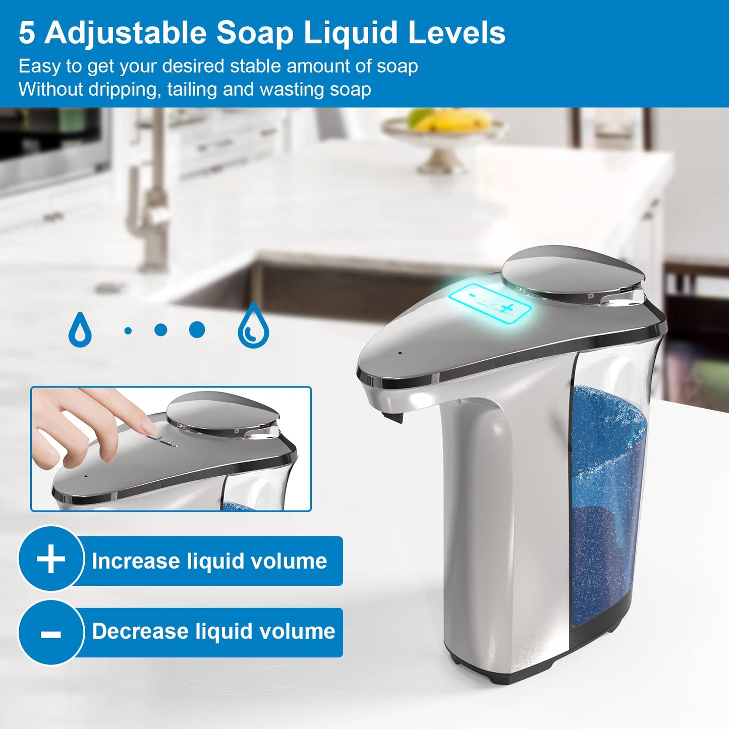 PZOTRUF Automatic Soap Dispenser, Touchless Dish Soap Dispenser 17oz/500ml with Infrared Sensor, 5 Adjustable Soap Levels, Liquid Hand Soap Dispenser