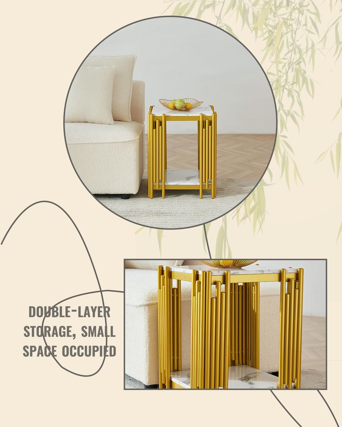 BHWXXMM End Tables,Small Living Room Side Table,Metal Sofa Table,Telephone Tables,with Metal Frame for Living Room,Bedroom,Small Spaces,Gold