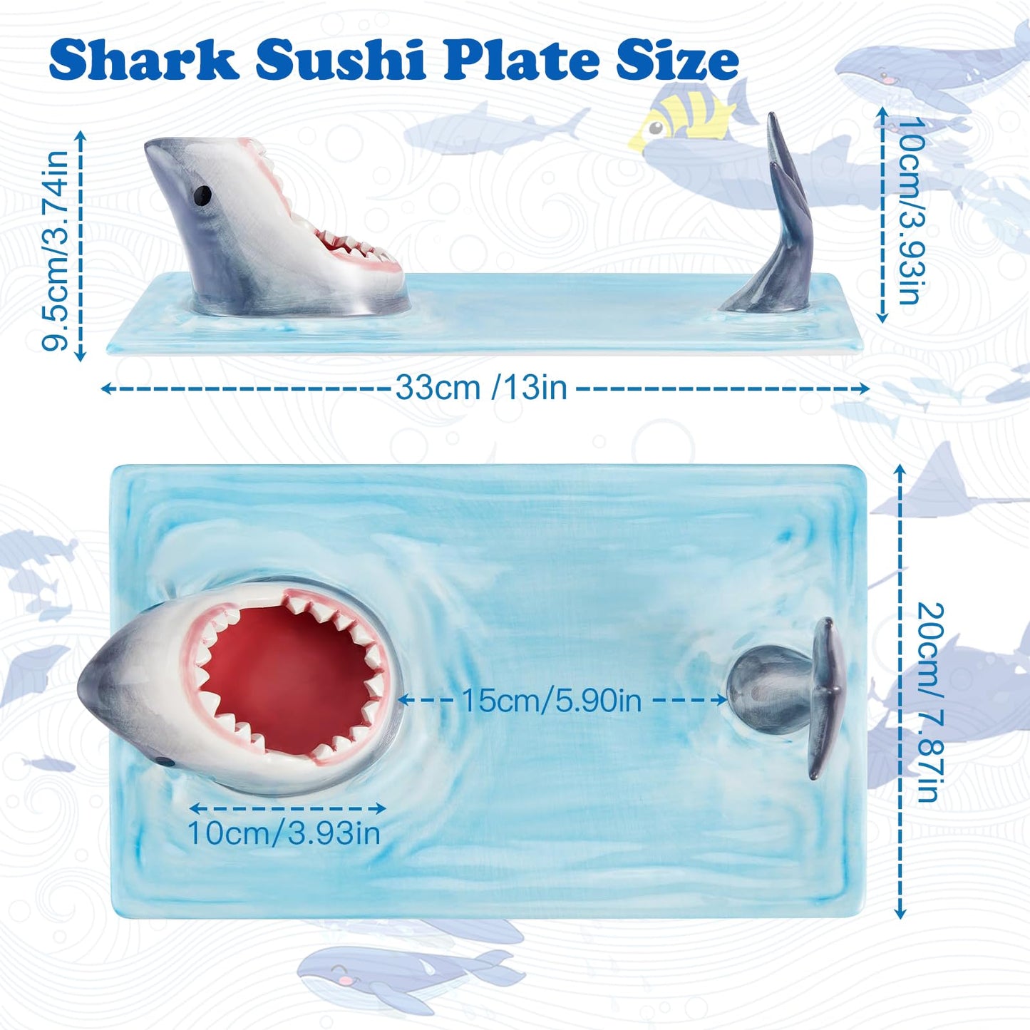 Shark Sushi Plate Ceramic Cute Japanese Blue Hand Painted Dinner Party Plates Food Safe Materials Soy Sauce Bowl and Chopstick Holder Large with Sushi Appetizer Birthday Plates Suitable for Microwave