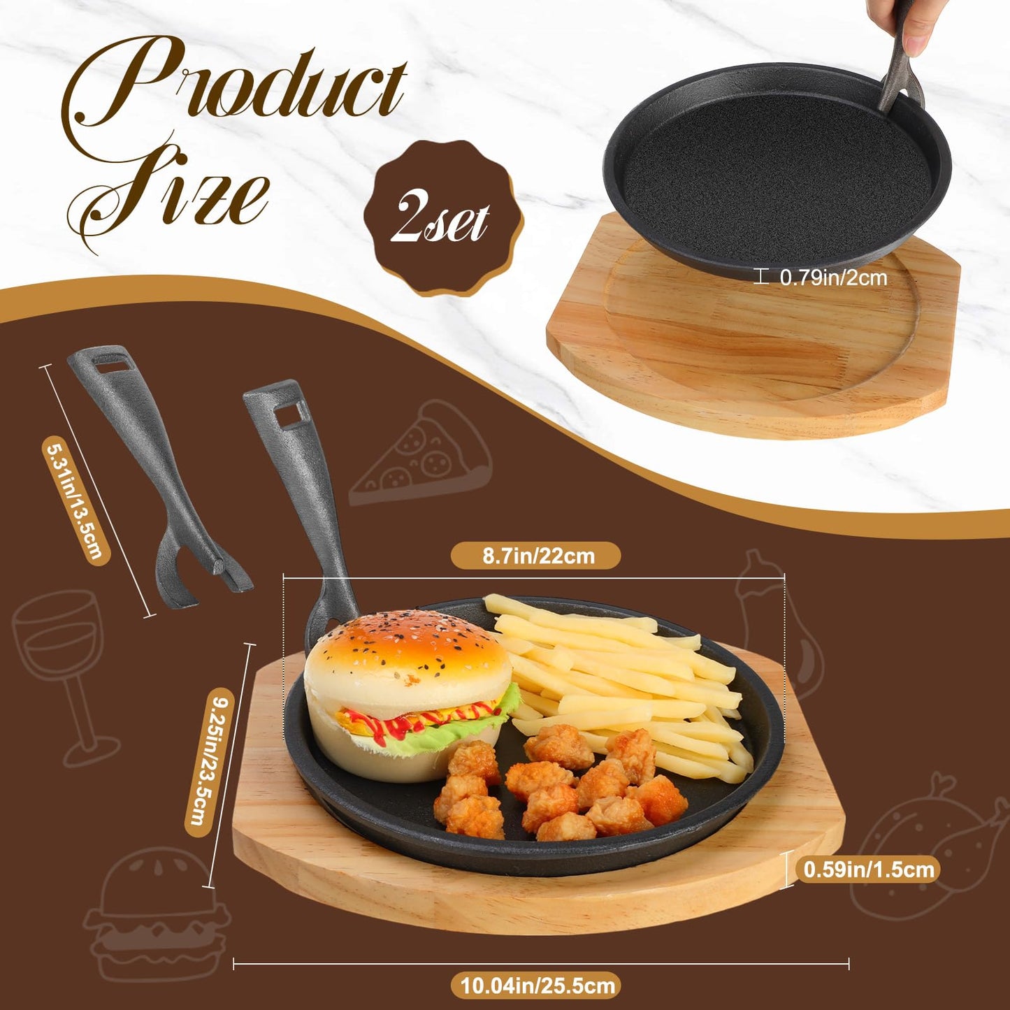 Mimorou 2 Set Cast Iron Fajita Plate Set with Wooden Base Anti Scald Protection Removable Handle Fajita Plate Sizzling Pan Cast Iron Skillets Set for Home Restaurant Kitchen BBQ Cooking (8.7 Inch)