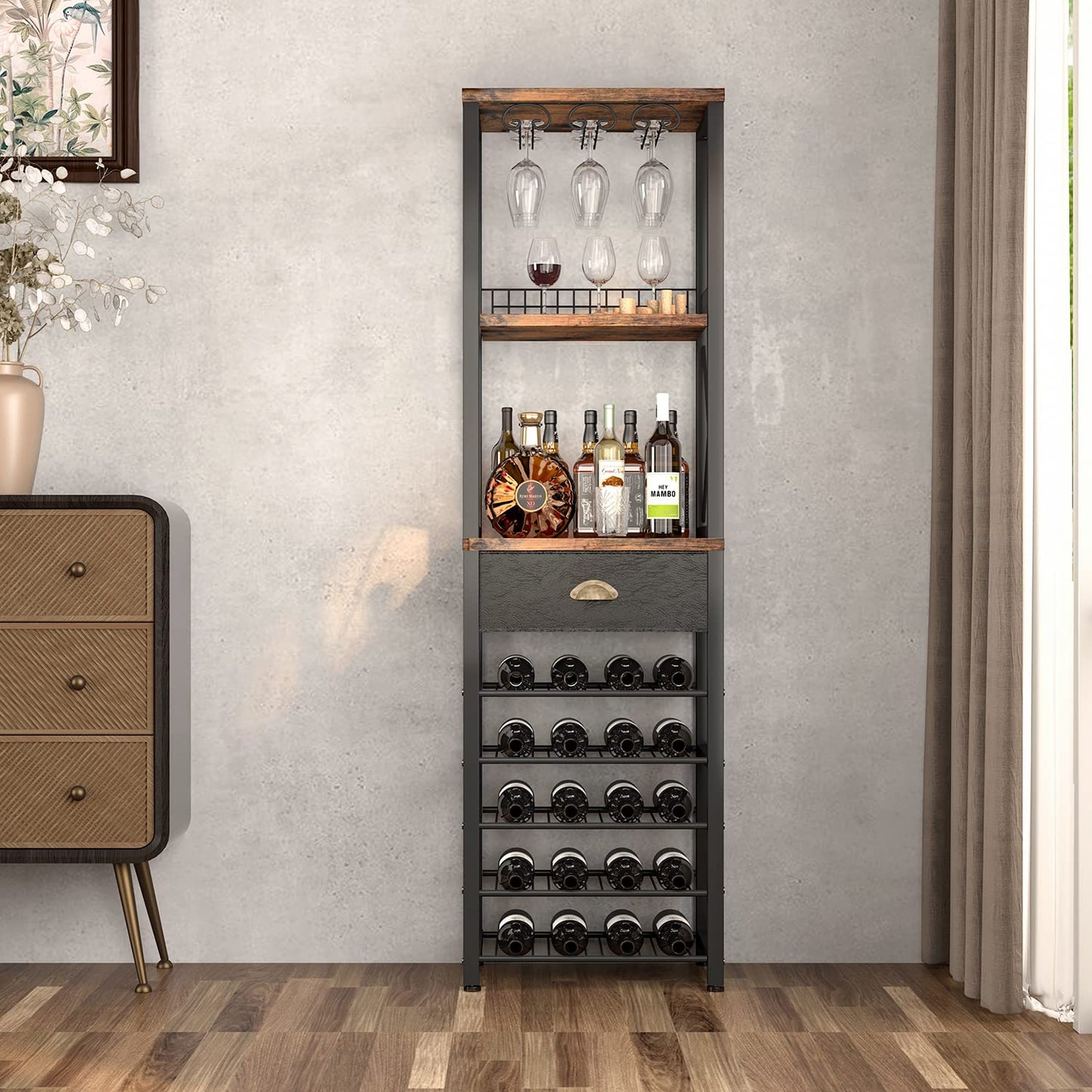 Homeiju Wine Rack Freestanding Floor, Bar Cabinet for Liquor and Glasses, 4-Tier bar Cabinet with Tabletop, Glass Holder, Storage Drawer and Wine Storage for Home Bar(Patent No.D1009580)