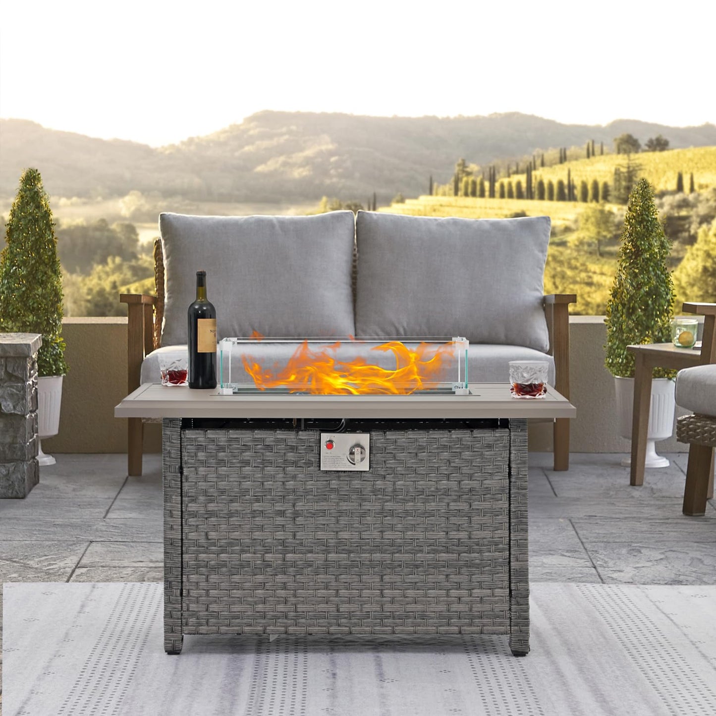 SUNSITT Outdoor Fire Pit Table 43 Inch Wicker Propane Fire Pit with Aluminum Tabletop 50,000 BTU Gas Firepit with Glass Wind Guard, Fire Glass, Lid, Cover, Taupe Rattan