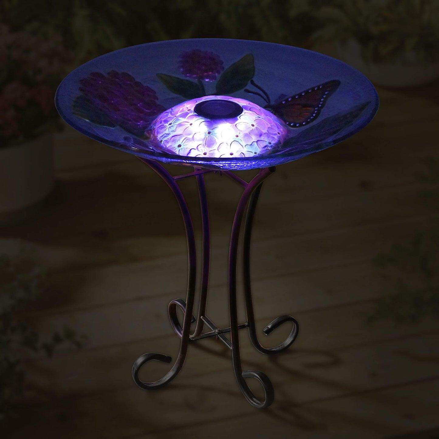 Hi-Line Gift 78415-D Solar Led Floral Glass Butterfly Bird Bath with Stand