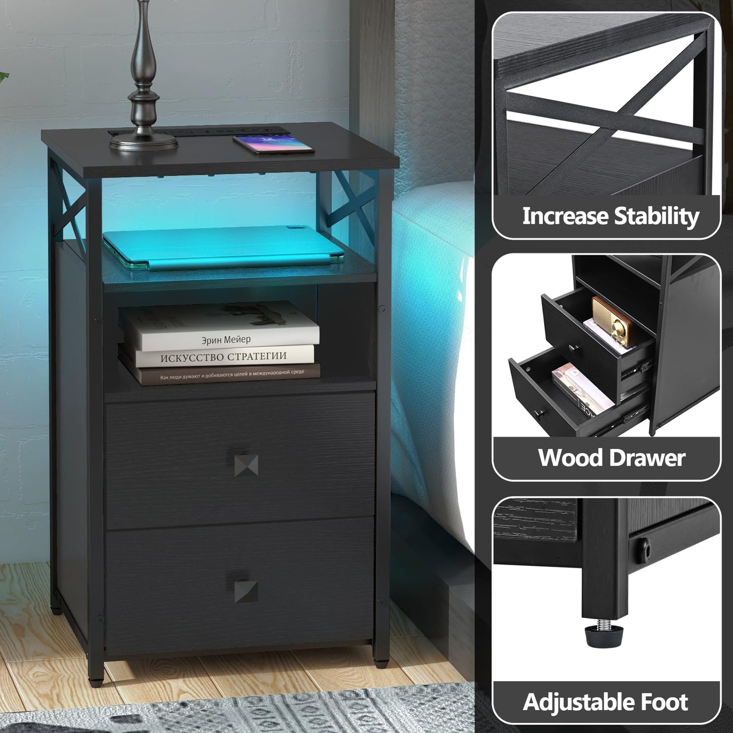 Livofloral LED Black End Table with Charging Station Set of 2, Nightstands Set of 2 with LED Light and Wireless Charger, Bedside Table with Wooden Drawers, Storage Night Stands for Bedrooms Set of 2