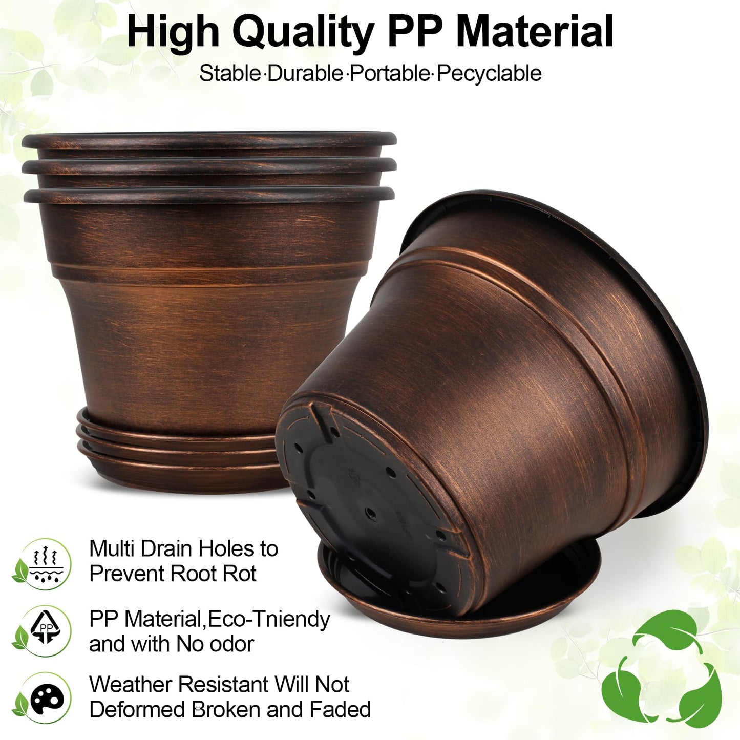 Plant Planters Pots Set of 4 Pack 11 Inch, Plastic Flower Pot for Indoor Plants with Drainage Holes & Trays, Resin Decorative Container Sets with Saucer for House Outdoor Garden Planters Copper