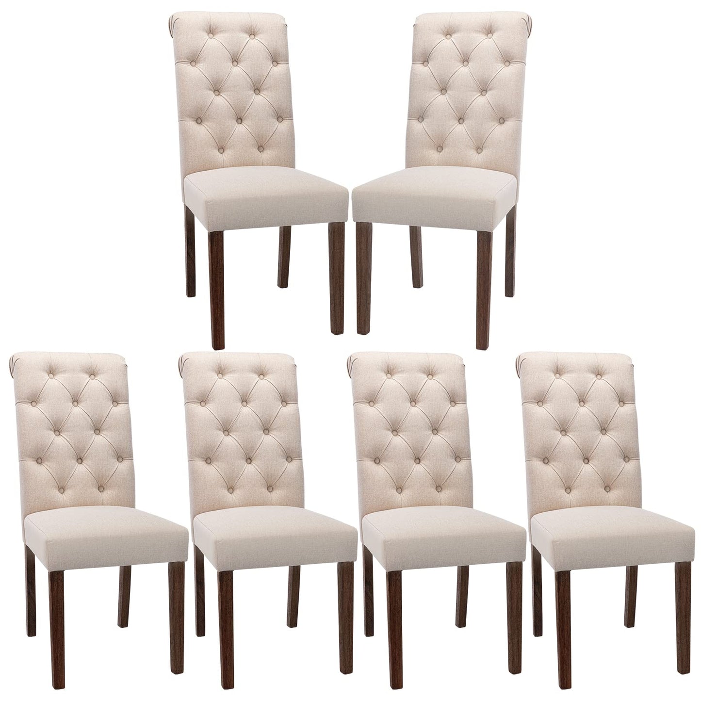 COLAMY Button Tufted Dining Chairs Set of 6, Accent Parsons Diner Chair Upholstered Fabric Dining Room Chairs Stylish Kitchen Chairs with Solid Wood Legs and Padded Seat - Dark Beige