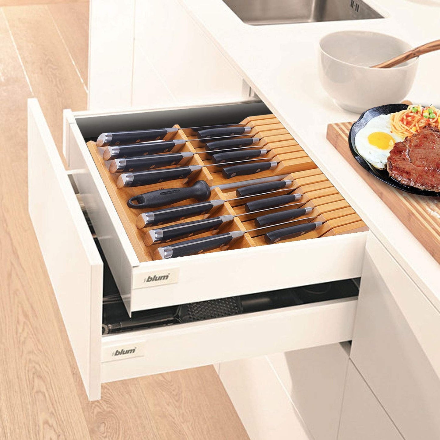 Utoplike In-drawer Knife Block Bamboo Kitchen Knife Drawer Organizer, Large handle Steak knife Holder without Knives, Fit for 16 knives and 1 Sharpening Steel (Not Included)