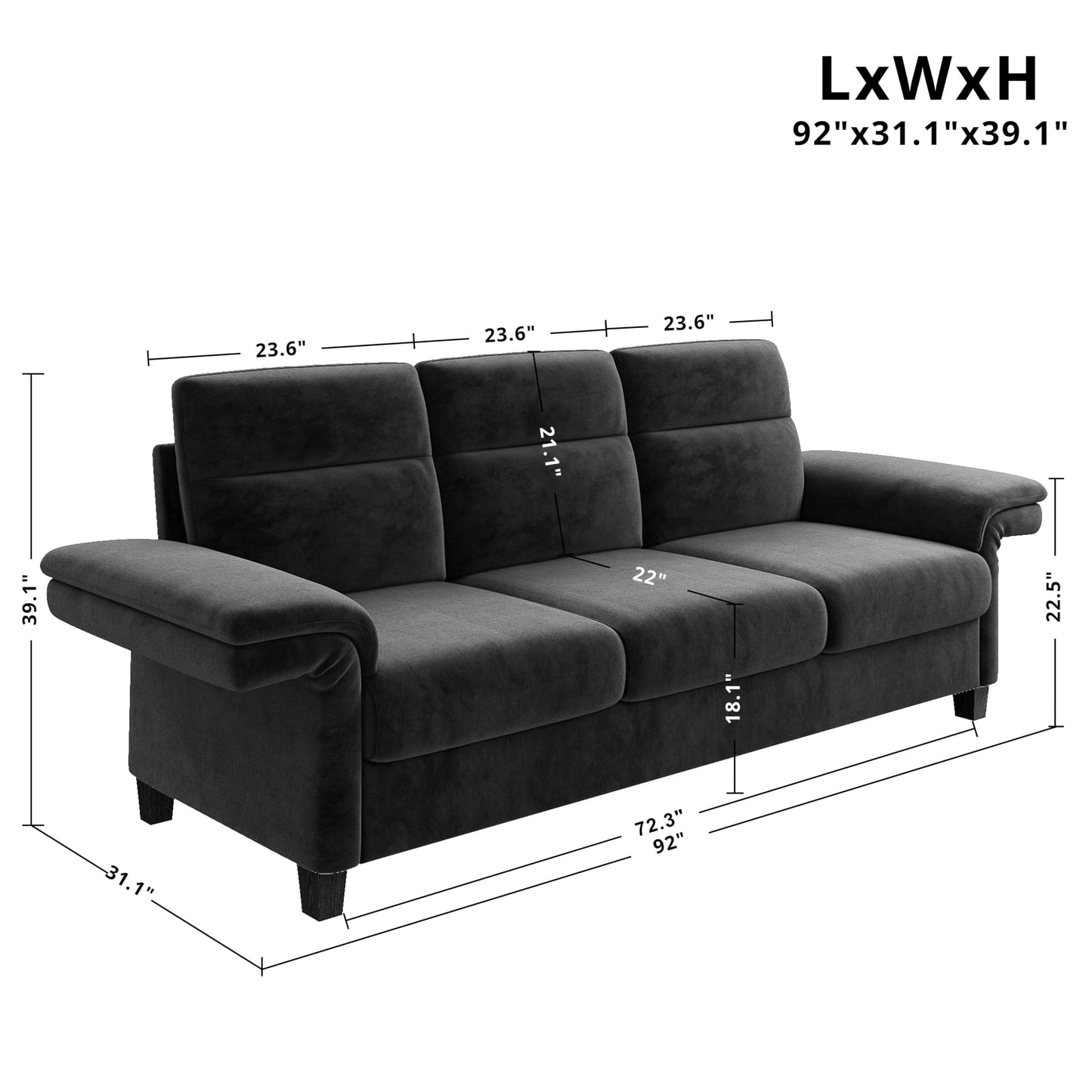 LIKIMIO Sofa Couches for Living Room, with Adjustable armrests, Extra Deep Seats 3 Seater Sofa, Modern Couches for Living Room/Apartment, Easy Assembly, Gray Chenille (92 Inch)