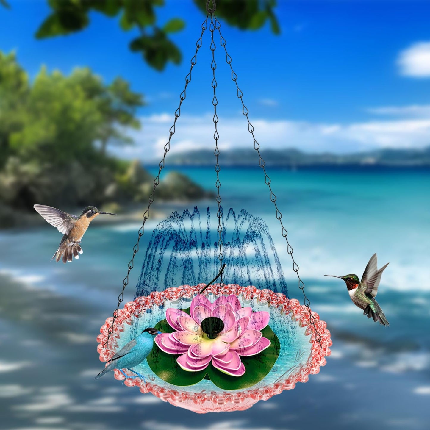 Hanging Bird Bath - Bird Bath Bowl with Solar Fountain Pump - Deck Mount Metal Bird Bath Bowl Powered by Water Fountain Pump for Outdoor Garden - Solar Powered Bird Bath Fountain (Pink)