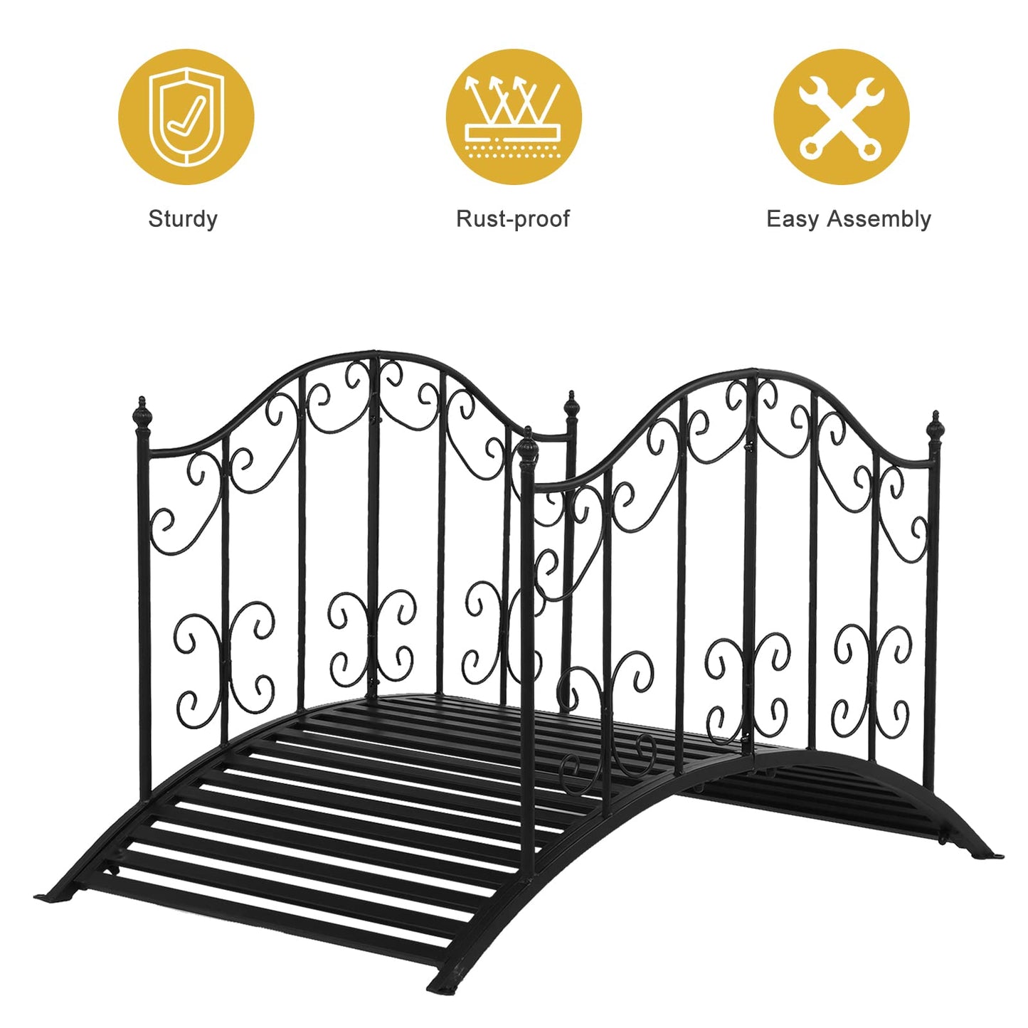 VINGLI Garden Bridge Metal Yard Arch Path Bridge with Patterned Guardrails, Ourdoor Decorative Black Iron Foot Bridge for Pond and Backyard Landscaping-4FT