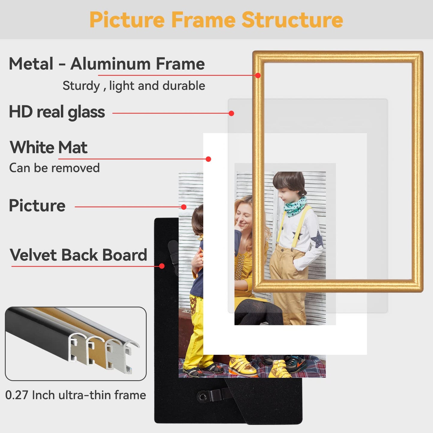 Fkvat 4x6 Picture Frames Set of 4, Gold Matte Thin Modern Metal, for Horizontal & Vertical Wall Hanging and Tabletop, Aluminum Floating Photo Frame, Display 3x5 with Mat or 4x6 without Mat (4 Pack)