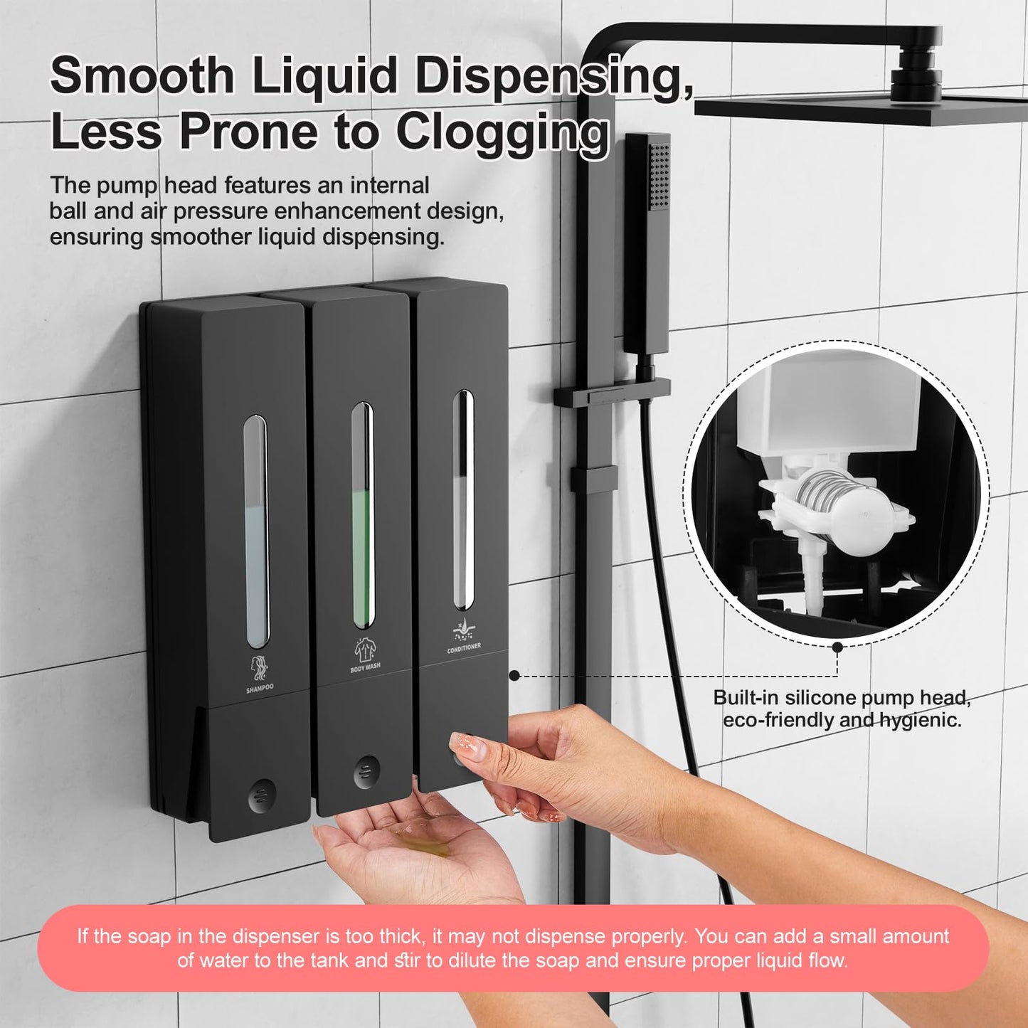 Shampoo and Conditioner Dispenser - Wall-Mounted 3-Chamber Shower Soap Dispenser, No-Drill, 1200ML Capacity, for Bathroom & Hotel (Black)