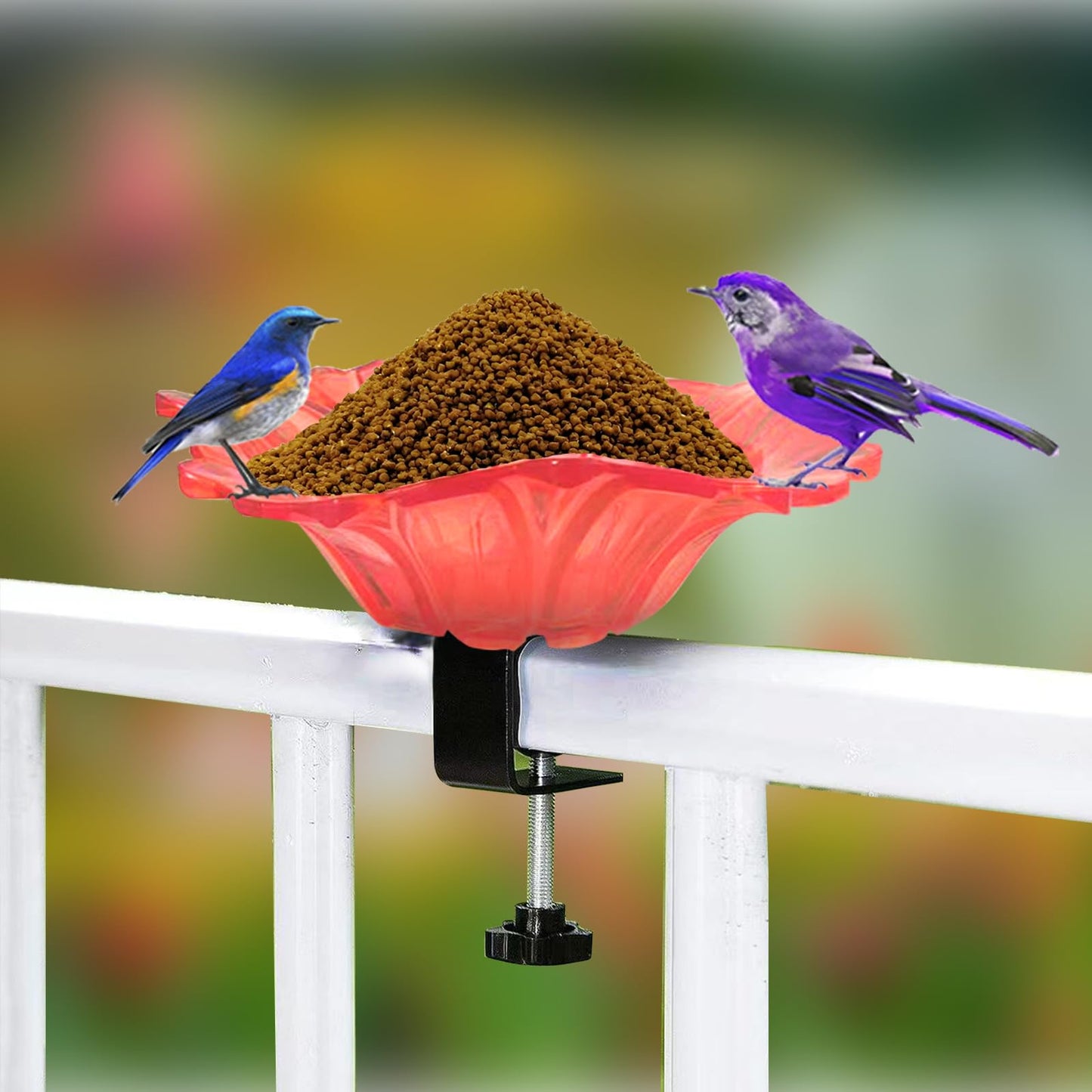 Metal Deck Mounted Bowl Bird Bath for Railing Patio Large Balcony Clearance Modern Bird Water with Stake Clam for Outdoors Garden (Red)