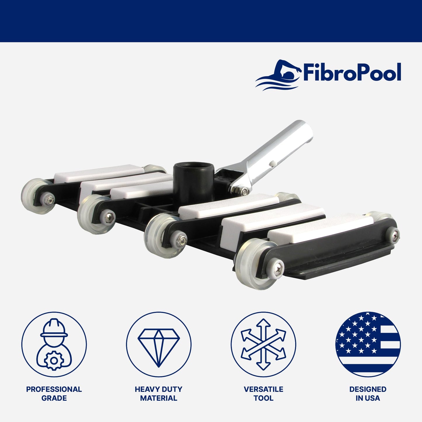 FibroPool Professional Flexible Pool Vacuum Head for Above Ground and In Ground Pools - Chrome-Plated Handle for Standard Poles, Durable Urethane Wheels, Easy Maneuvering Pool Cleaner Hose Head