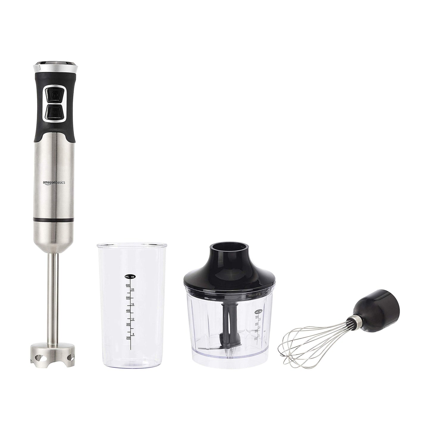 Amazon Basics 500 Watt Multi-Speed Immersion Hand Blender with Attachments, Silver