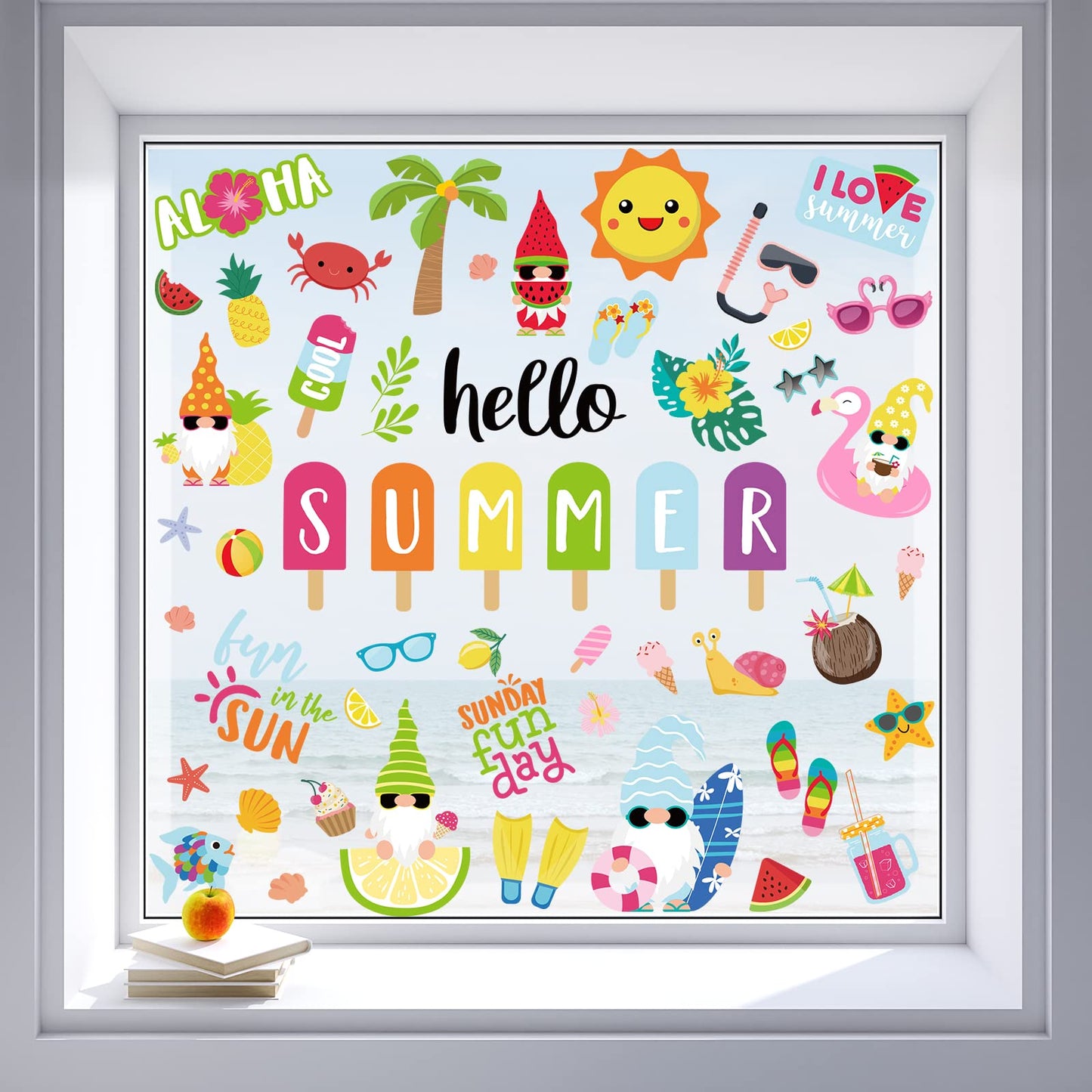 Whaline 9 Sheets Summer Window Clings Cartoon Gnome Ice Lolly Prints Double-Sided Window Decals Hello Summer Window PVC Stickers Anti-Collision for Summer Home Room Classroom Decor Party Supplies