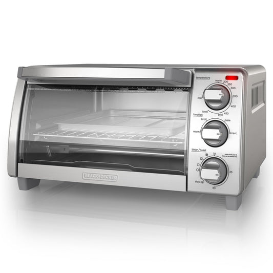 BLACK+DECKER 4-Slice Toaster Oven, TO1745SSG, Even Toast, 4 Cooking Functions Bake, Broil, Toast and Keep Warm, Removable Crumb Tray, Timer