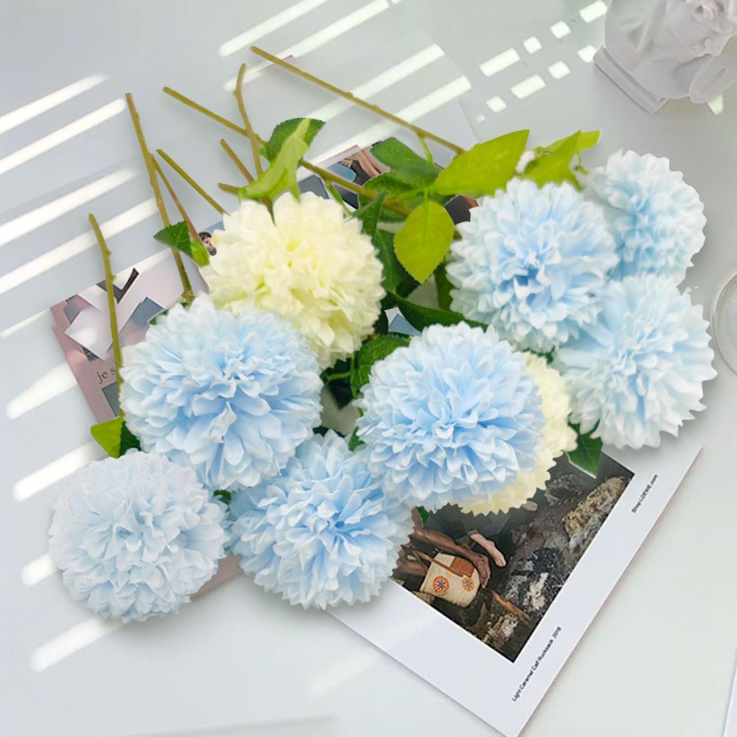 24 Artificial Chrysanthemums, White Blue Ball Flowers, Artificial Fake Flowers, Silk Plants Home Decoration DIY Flower Arrangement Art as Valentine's Day Gifts Wedding Flowers