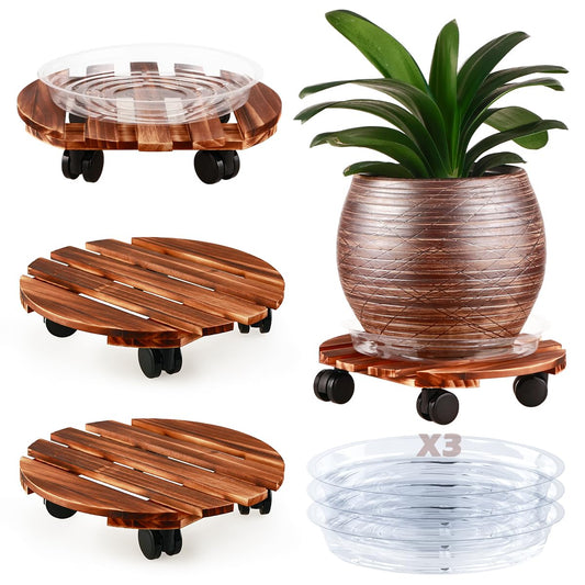 3 Pack Plant Caddy with Wheels Heavy Duty 13.5 Inch Wooden Plant Stand with Wheels Plant Dolly Rolling Plant Stand Plant Roller with Casters for Indoor and Outdoor with 3 Pack Plant Saucers, Round