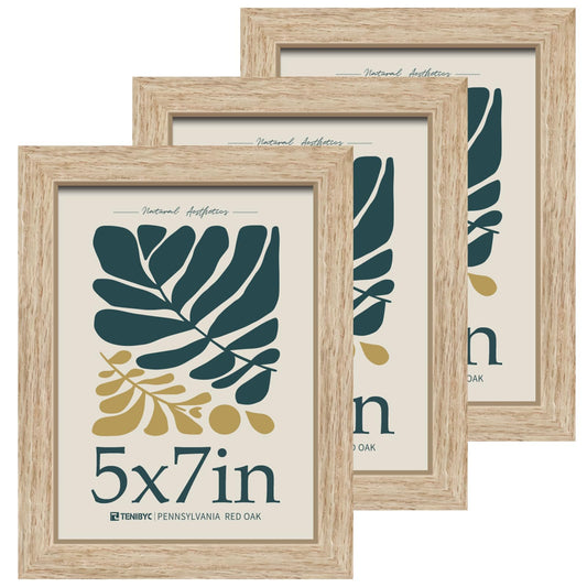 TENIBYC 5x7 Oak Picture Frame with HD Glass - 3pk, Natural Solid Wood Poster Frame, Wall Gallery Frame