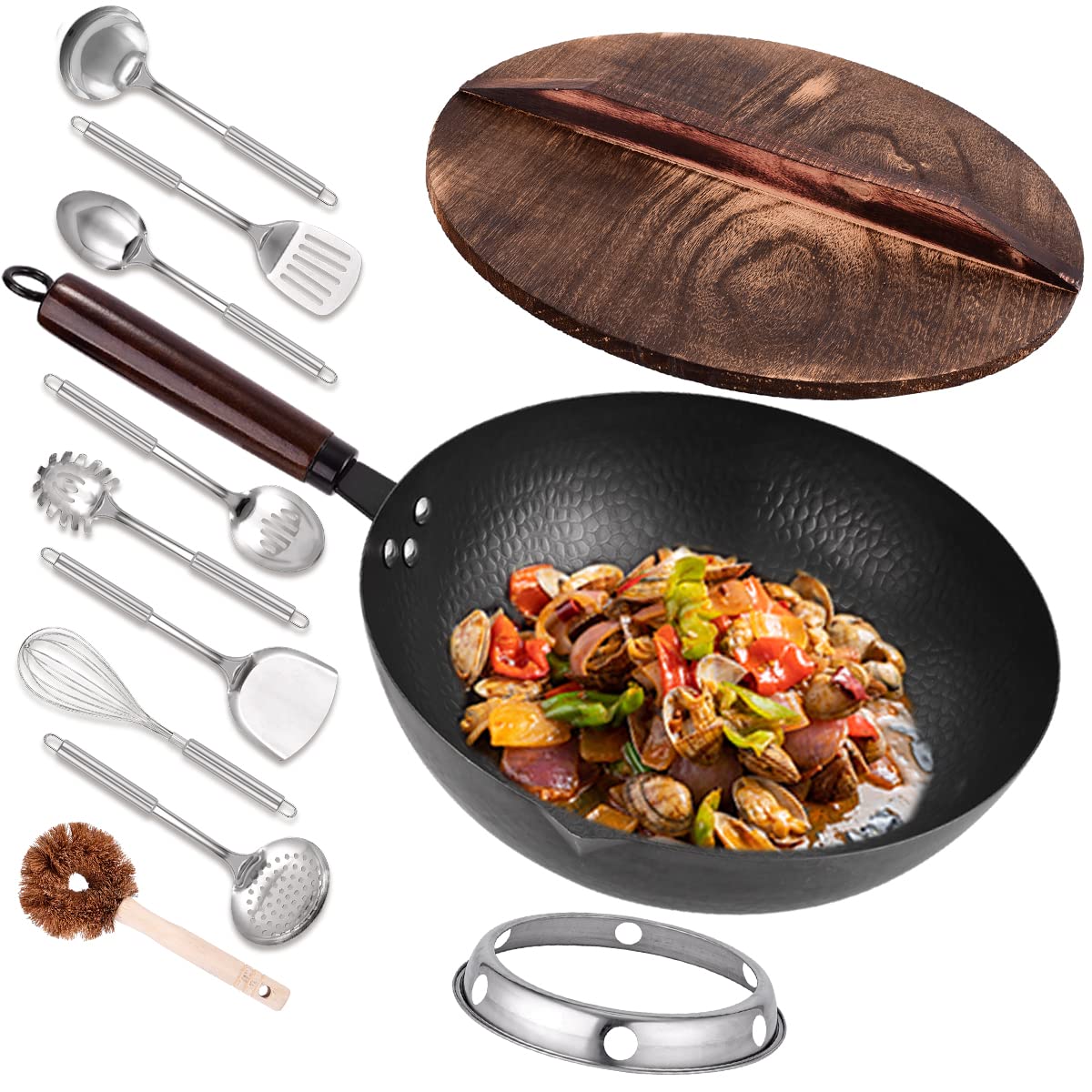 Leidawn 12.8" Carbon Steel Wok-11Pcs Woks & Stir Fry Pans Wok Pan with Lid, No Chemical Coated Chinese Wok with 10 Cookware Accessories, Flat Bottom Wok for Electric, Induction,Gas Stoves