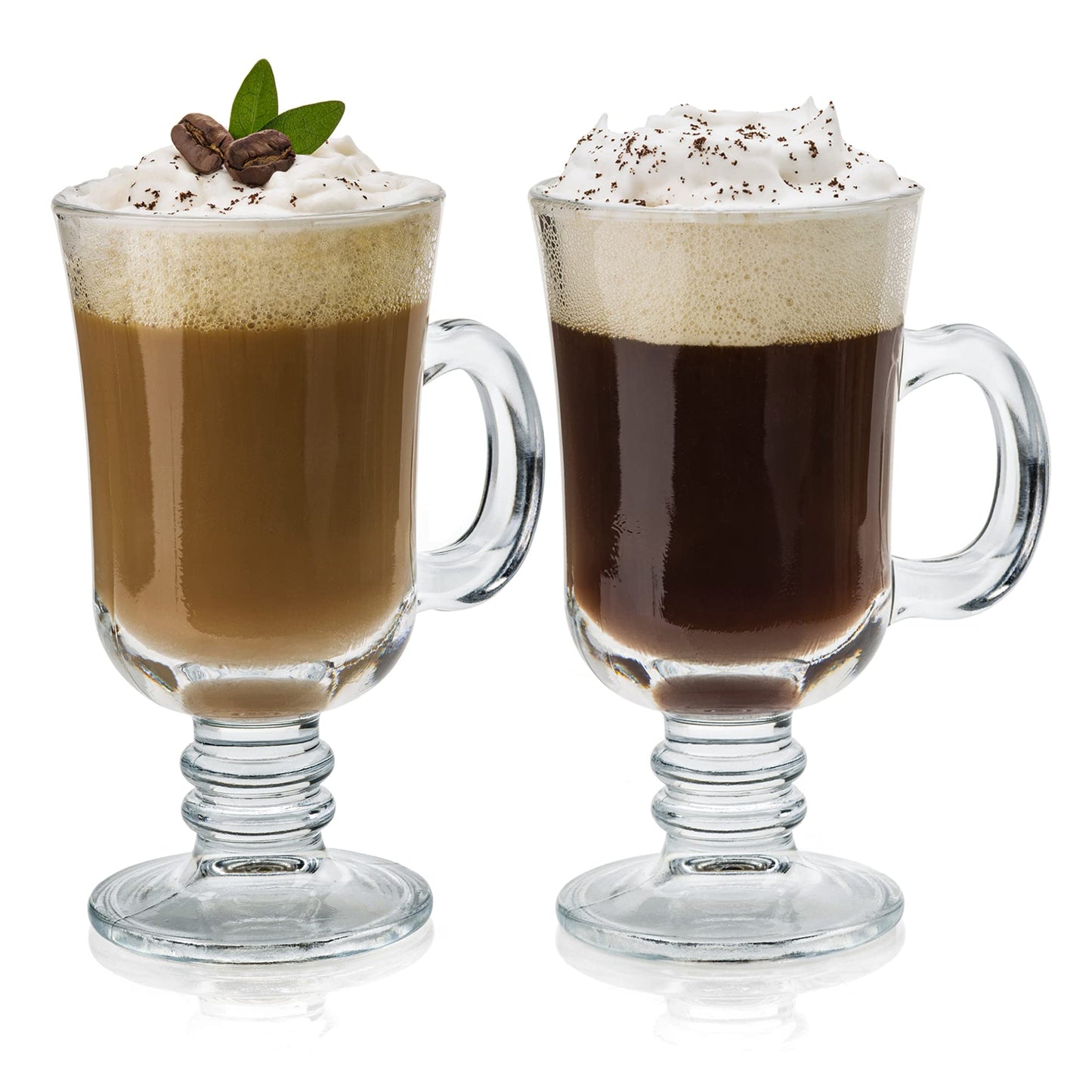 Volarium Irish Coffee Glass Mugs, Latte Cups, Set of 2 Cappuccino and Hot Chocolate Mugs with Handle, Clear Glass Mugs for Hot Beverages, 7 3/4 oz