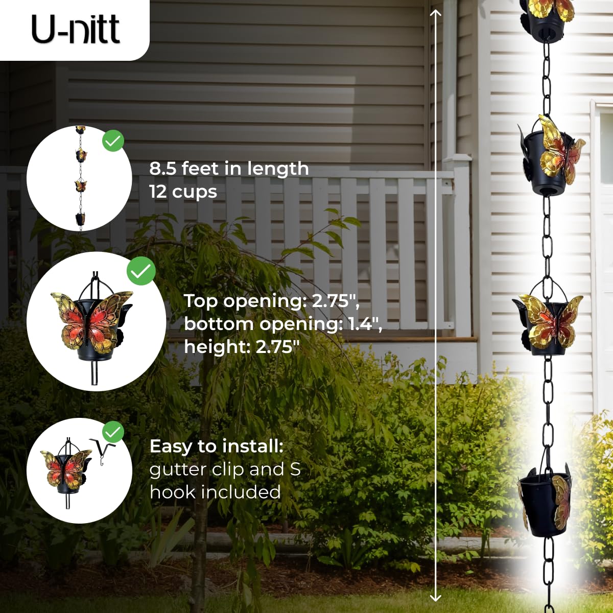 U-nitt Rain Chains for Gutters | Rainwater Catcher & Diverter | 8.5 FT Metal Black Rain Chain | Powder Coated, Farmhouse Bucket, Golden | Roof Gutter Chain Downspout | DIY Rain Chain Installation Kit