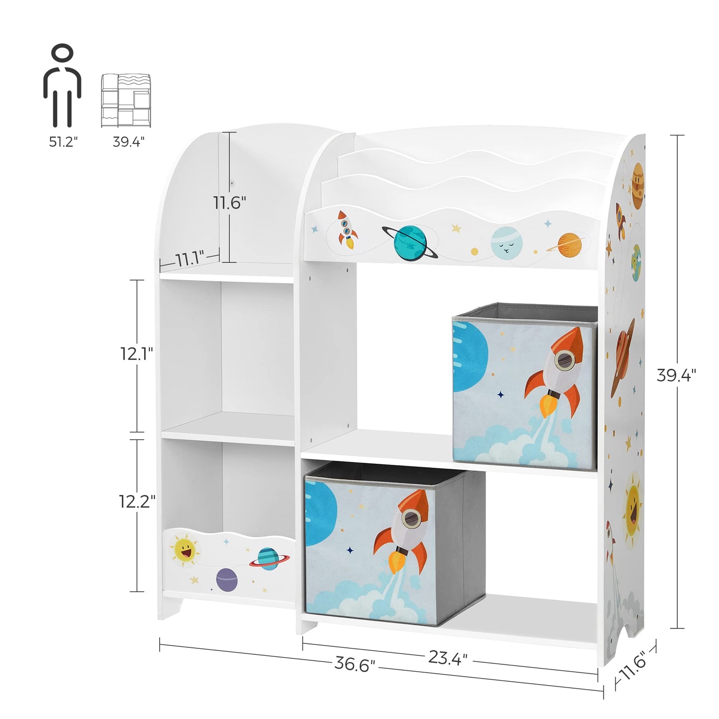 SONGMICS Toy and Book Organizer for Kids, Storage Unit with 2 Storage Boxes, for Playroom, Children’s Room, Living Room, White UGKR42WT, 93 x 30 x 100 centimeters