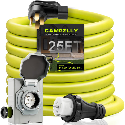 Campzlly 50 Amp Generator Cord 25FT and Power Inlet Box, NEMA 14-50P Male to SS2-50R 125/250V Twist Lock Connector with Pre-Drilled NEMA SS2-50P Generator Inlet Box for Generator to House, ETL Listed