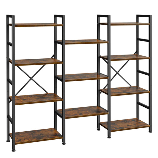 SUPERJARE Triple 4 Tier Bookshelf, Bookcase with 11 Open Display Shelves, Wide Book Shelf Book Case for Home & Office, Rustic Brown