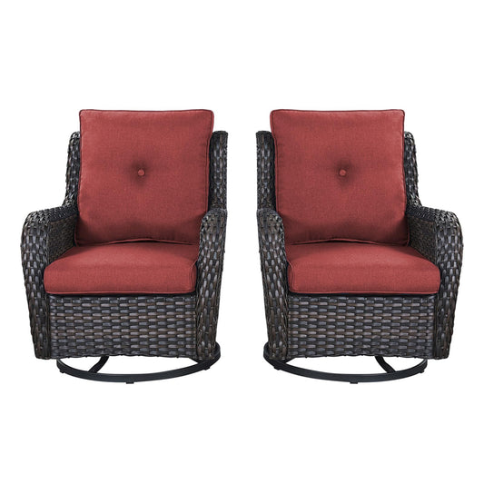 Rilyson Patio Chairs Rocking Swivel Chiar - 2 Piece Outdoor Wicker Furniture Chairs Set Rattan Rocker Chairs with High Back and Deep Seating for Outside Porch Deck Garden(Brown/Red)