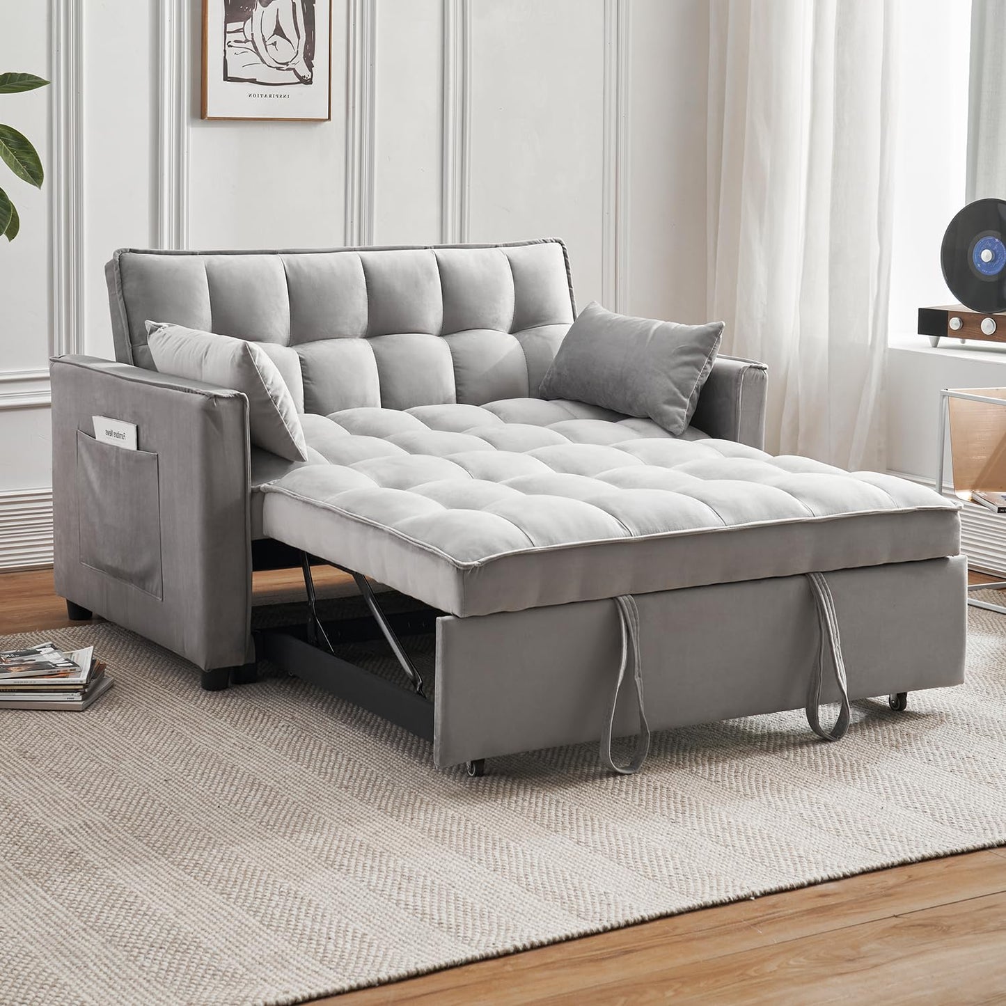 FENFSHE Convertible Sleeper Sofa Bed, Modern Velvet 3-in-1 Futon Couch Pullout Bed with Adjustable Backrest, Storage Pockets and Toss Pillows for Living Room, Bedroom (Grey)