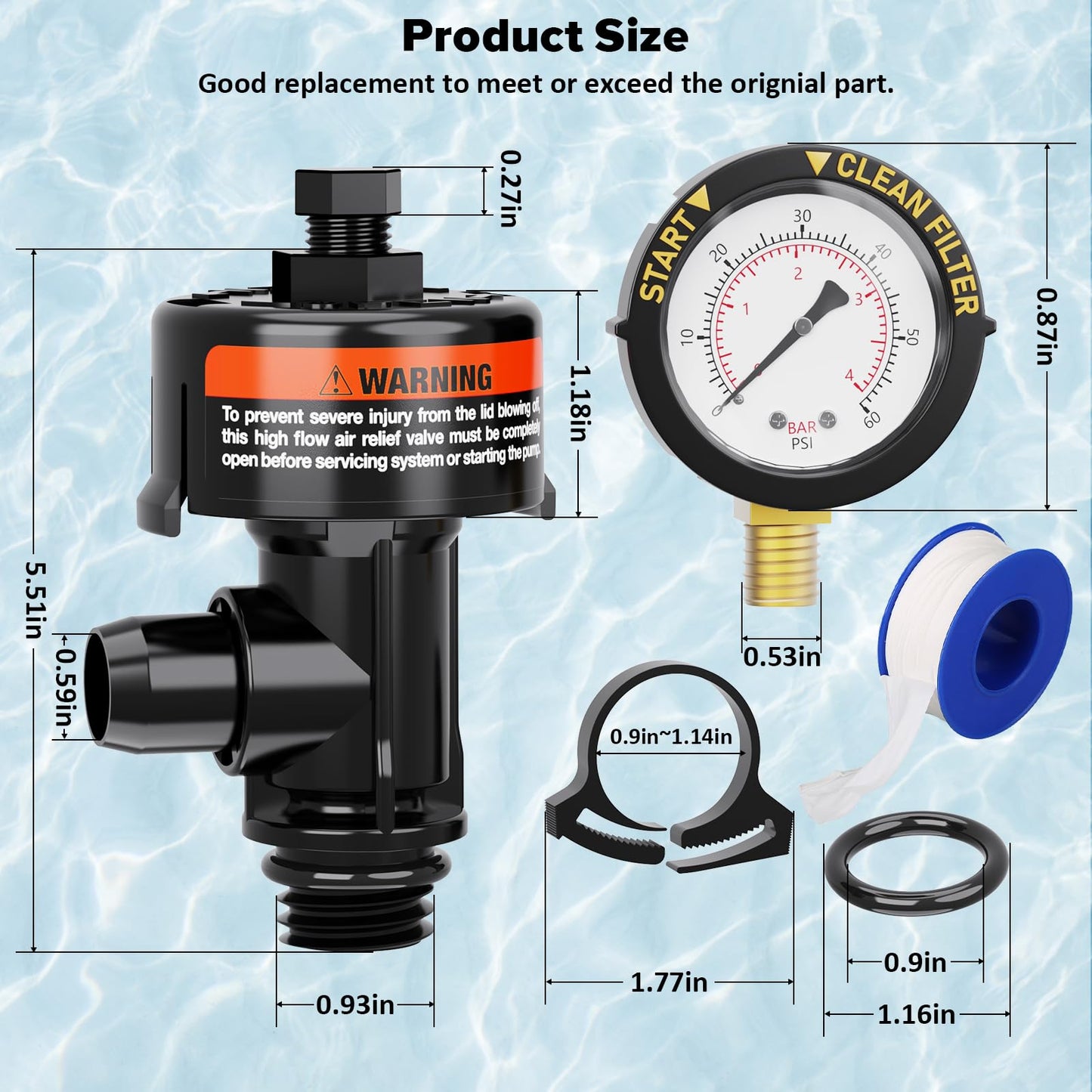 Manual Air Relief Valve for Pool and Spa Filters, Pool Filter Air Relief Valve with Pressure Gauge Replacement, Air Relief Valve for Pool Filter, Includes Gauge Plug, Pressure Gauge, O-Rings, Clips.