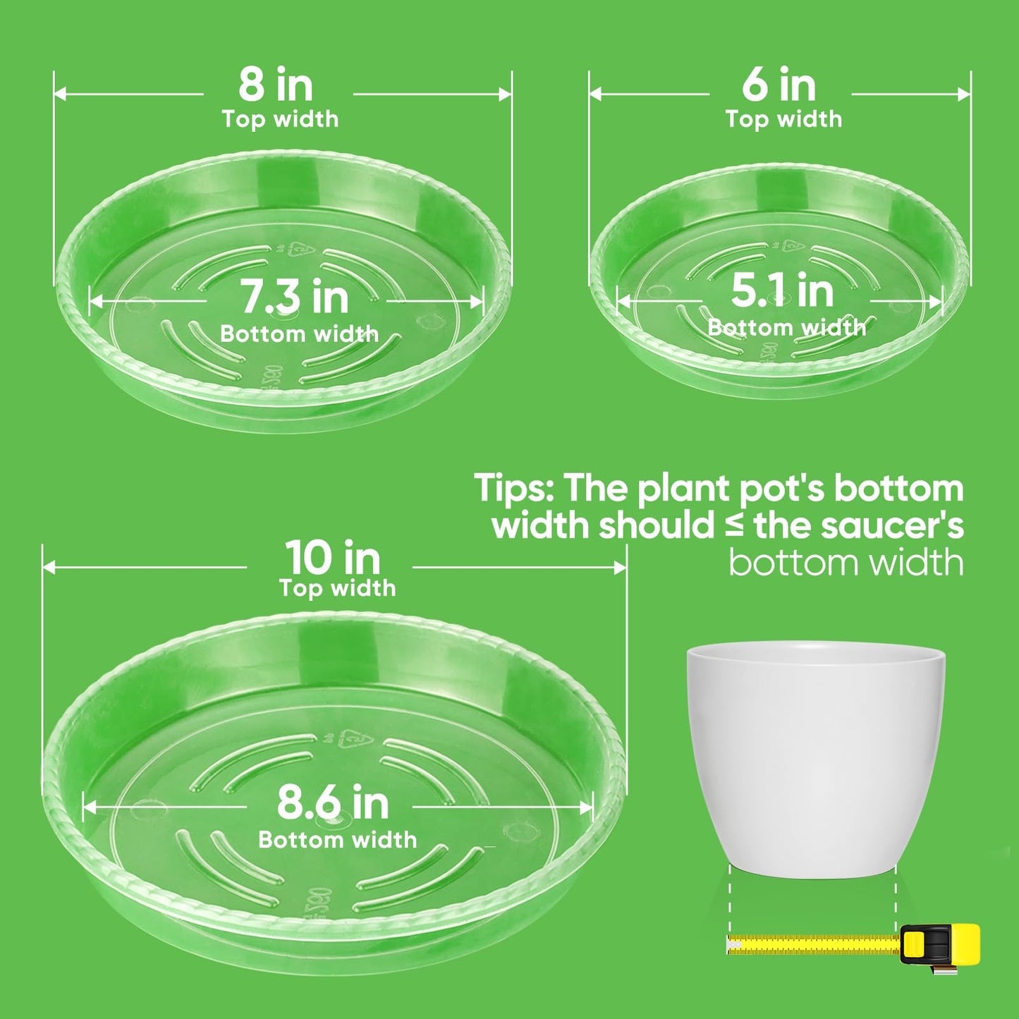 18 Pack Plant Saucers of 6 inch & 8 inch & 10 inch , Durable Plant Trays for Indoors Outdoors, Clear Plastic Flower Plant Pot Saucer, Made of Thicker, Stronger Plastic, with Taller Design (6"+8"+10")