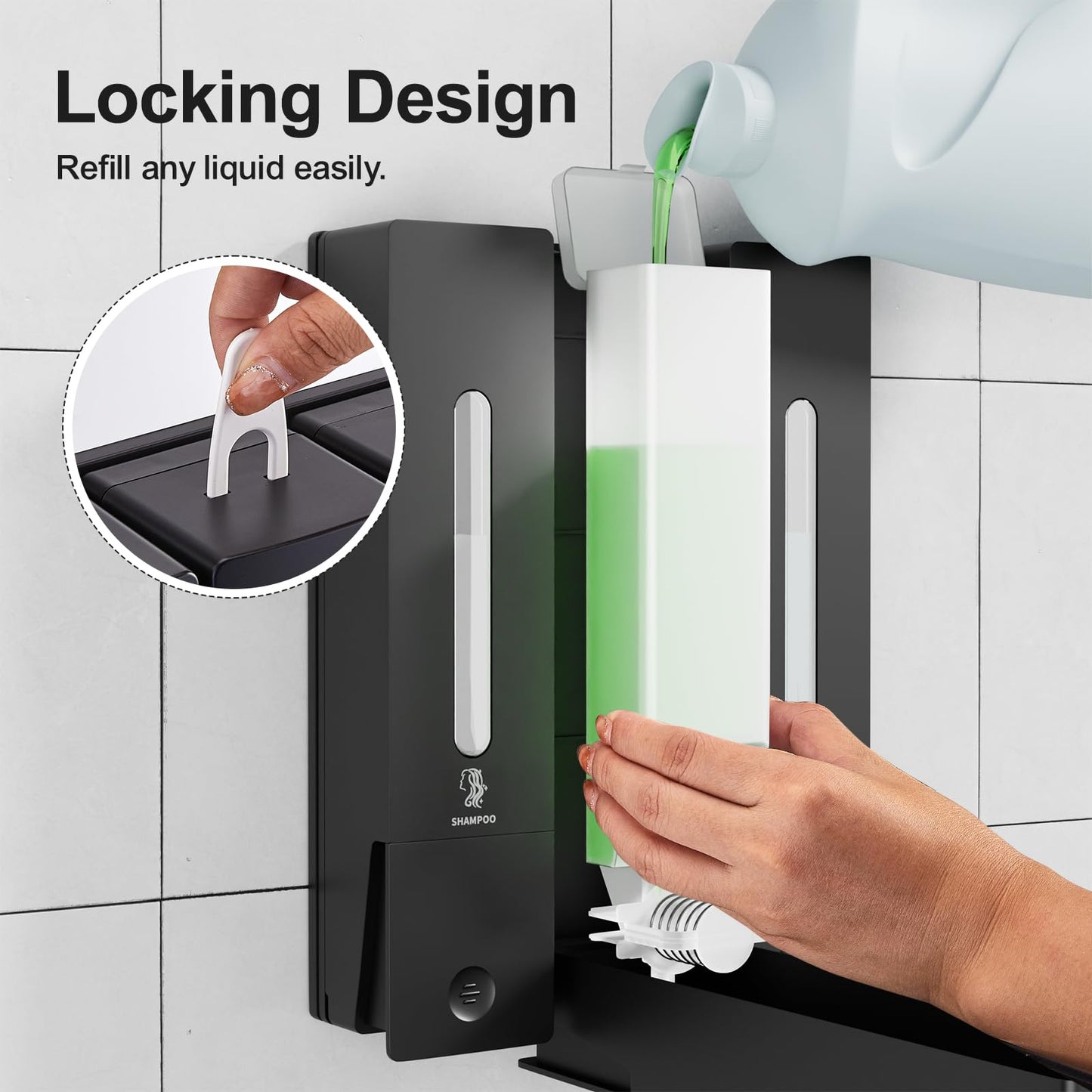 Shampoo and Conditioner Dispenser - Wall-Mounted 3-Chamber Shower Soap Dispenser, No-Drill, 1200ML Capacity, for Bathroom & Hotel (Black)