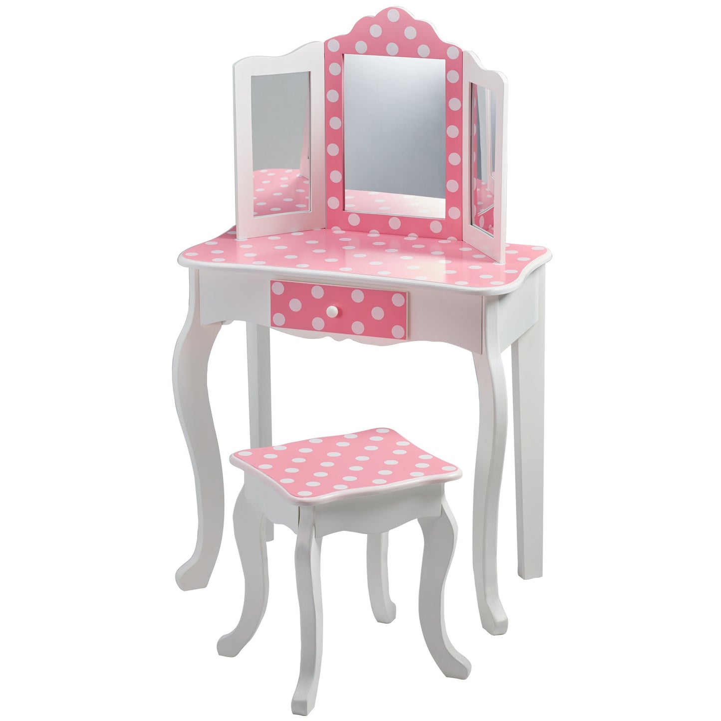 Teamson Kids Princess Gisele Polka Dot Print 2-Piece Kids Wooden Play Vanity Set with Vanity Table, Tri-Fold Mirror, Storage Drawer, and Matching Stool, White with White/Pink Polka Dot Accent