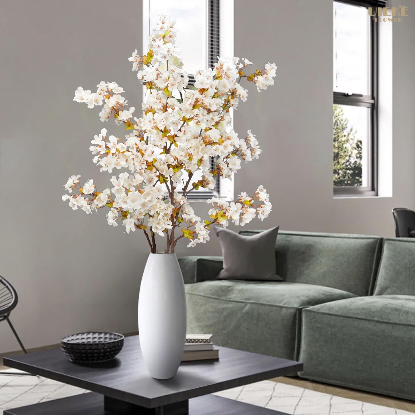 Uieke Silk White Cherry Blossom Branches, 39.3in Artificial Cherry Blossom Stems, Fake Plum Blossom Flowers Arrangement for Wedding Home Decor, Set of 8