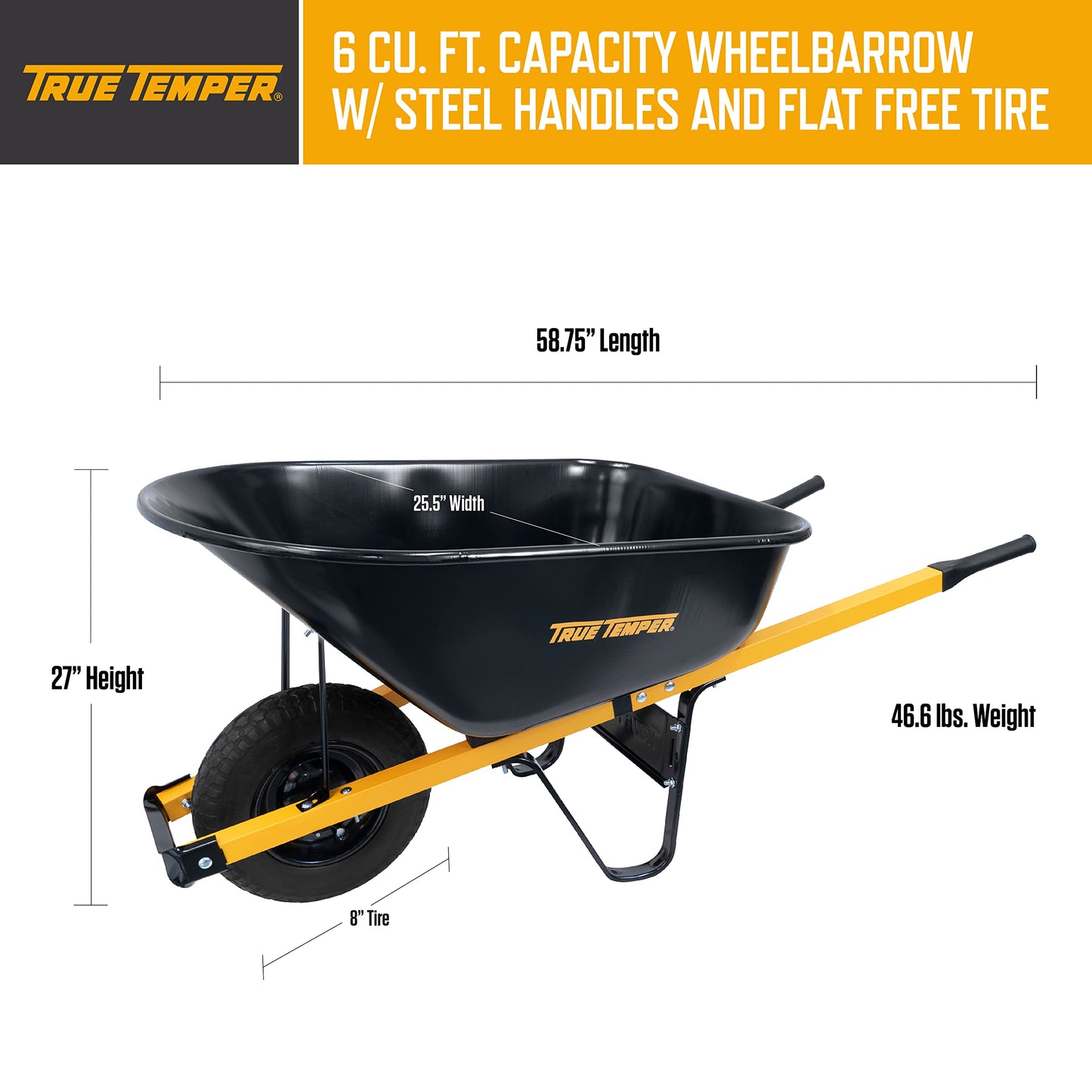 True Temper R6STFFEC 6 Cu. Ft Steel Tray Wheelbarrow with Never Flat Tire & Steel Handles, Black