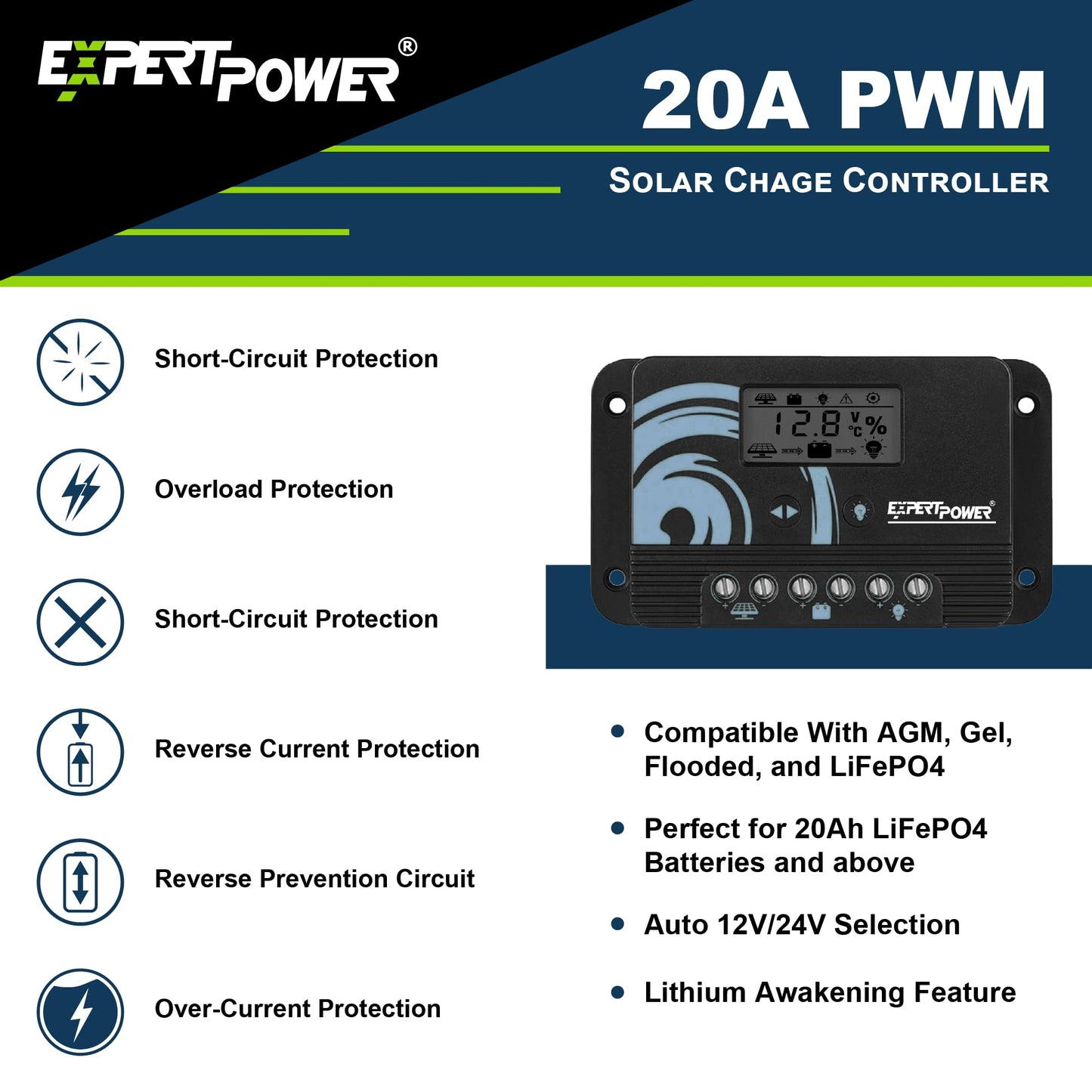 ExpertPower 200W 12V Solar Power Kit | 12V 20Ah LiFePO4 Lithium Battery | 200W Mono Rigid Solar Panels, 20A PWM Solar Charge Controller | RV, Trailer, Camper, Marine, Off Grid, Solar Projects