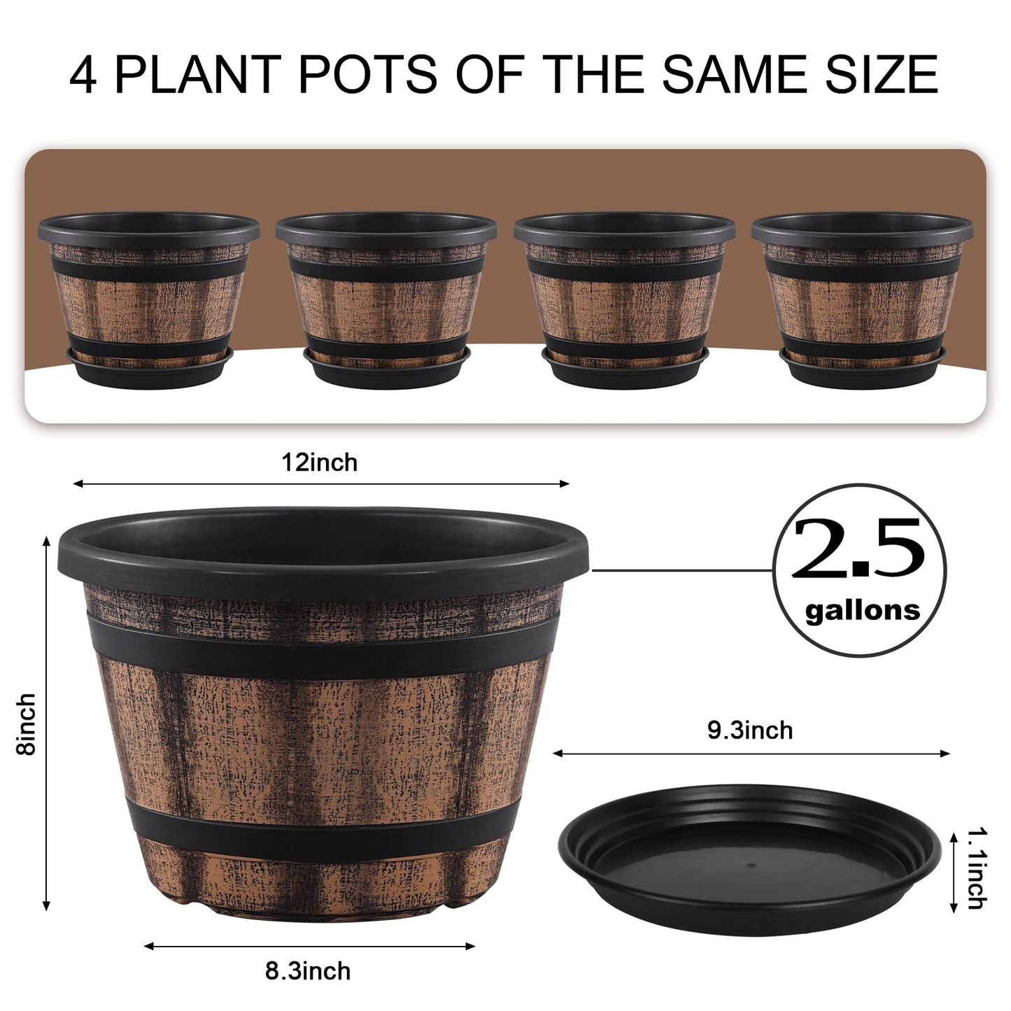 Quarut Plant Pots Set of 4 Pack 12 inch,Large Whiskey Barrel Planters with Drainage Holes & Saucer.Plastic Flower Pots Imitation Wine Barrel Design, for Indoor & Outdoor Garden Home Plants (Brown)