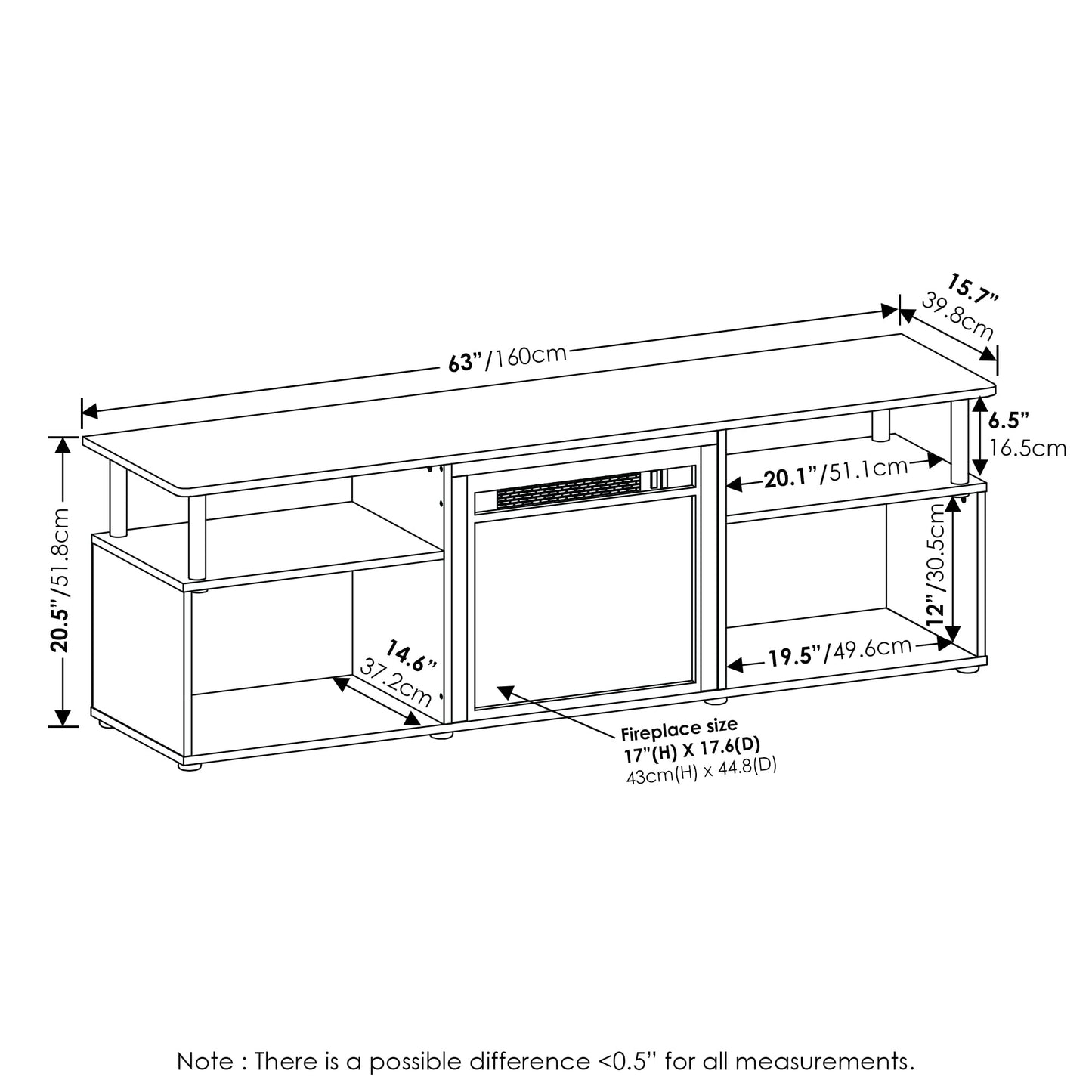 Furinno Jensen Open Storage Fireplace Entertainment Center for TV up to 70 Inch with Stainless Steel Tubes, Americano/Chrome