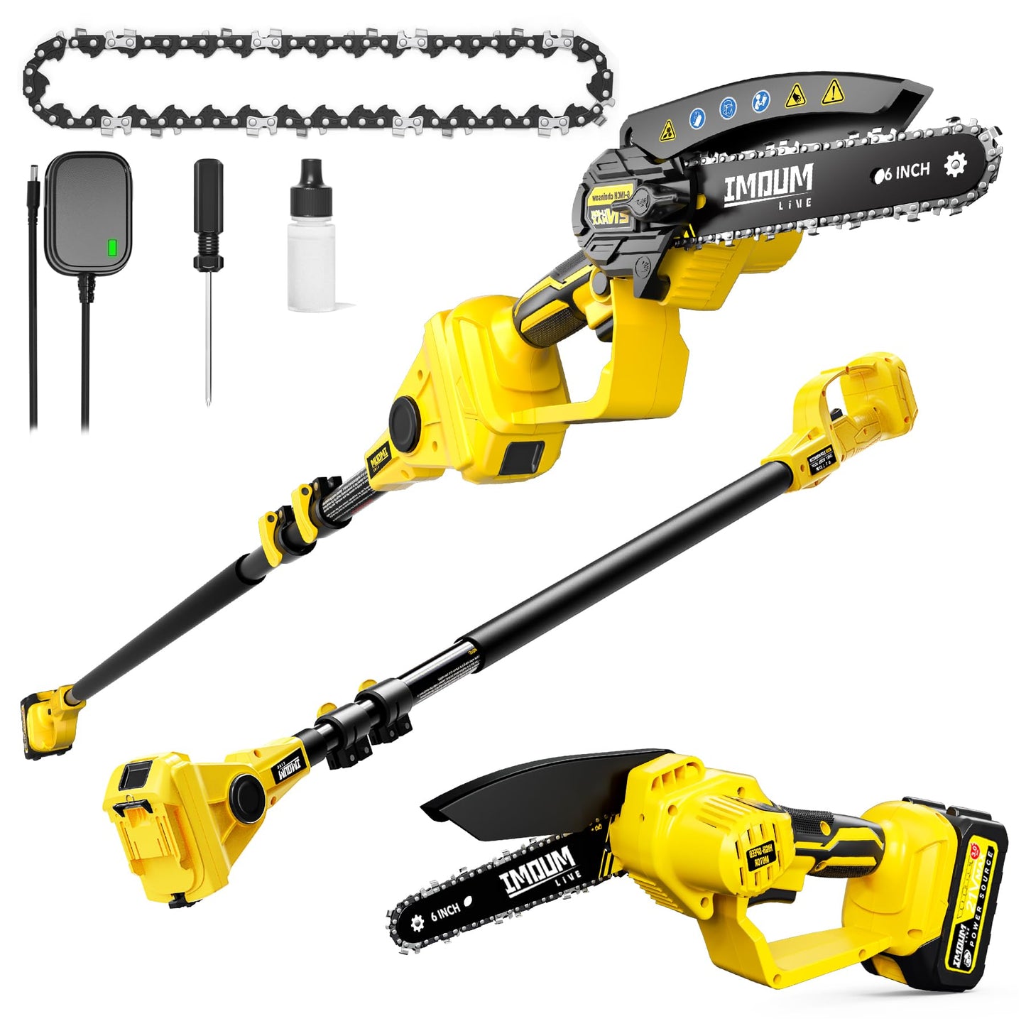 IMOUMLIVE 2-IN-1 Cordless Pole Saw & Mini Chainsaw, 21V 3.0Ah Battery Powered 6 Inch Electric Pole Chainsaw, 6.6 LB Lightweight, 15.2-Foot MAX Reach Pole Saw for Tree Trimming