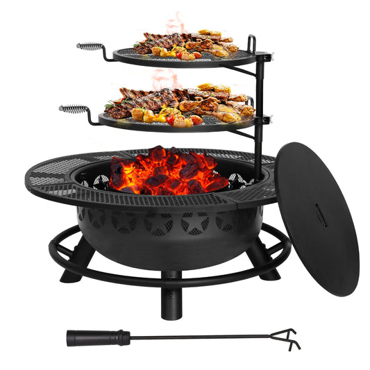 Hykolity 35 Inch Fire Pit with Cooking Grate & Charcoal Pan, Outdoor Wood Burning BBQ Grill Firepit Bowl with Cover Lid, Steel Round Table for Backyard Bonfire Patio Picnic