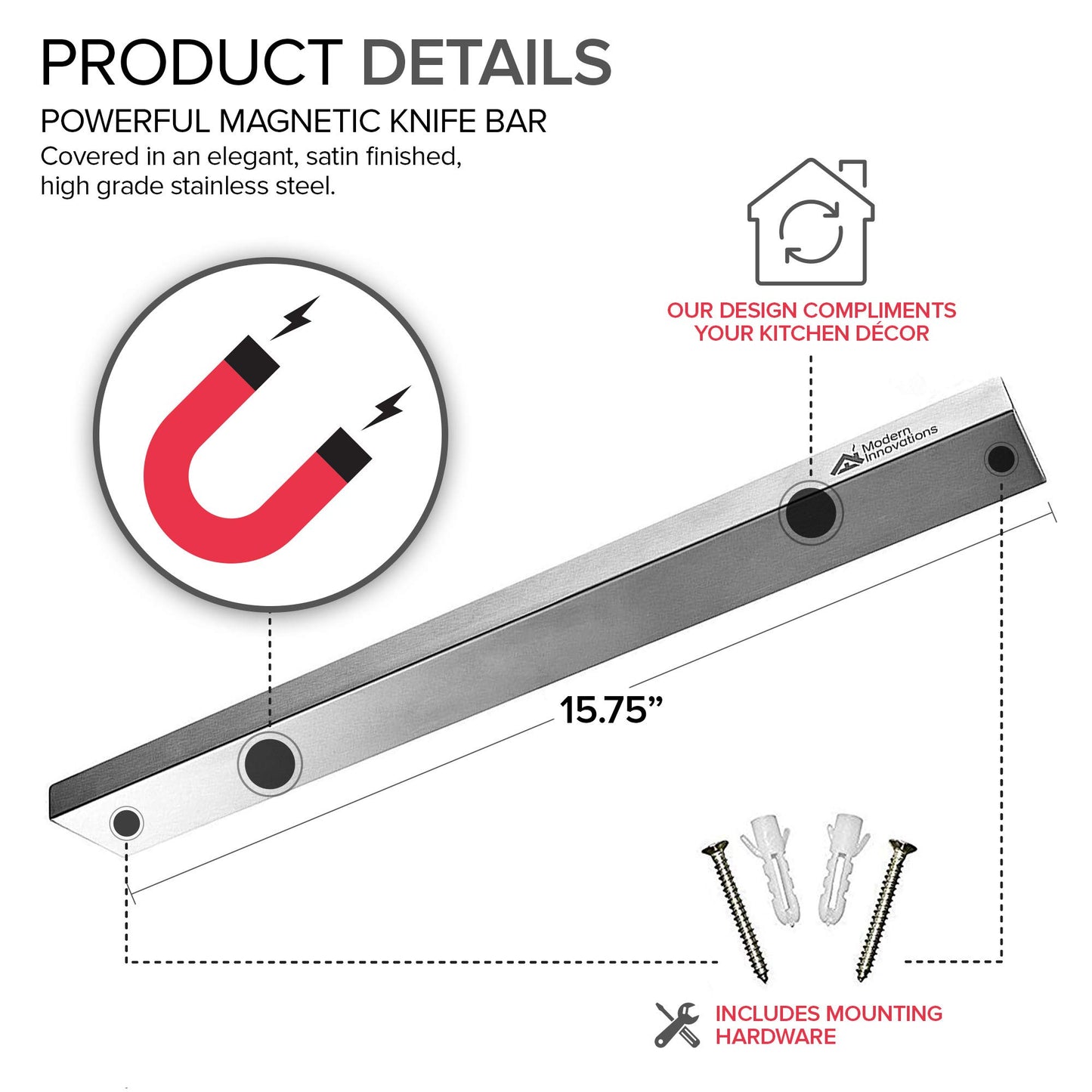 Modern Innovations 16 Inch Stainless Steel Magnetic Knife Bar with Multi-Purpose Functionality as a Knife Holder, Knife Strip, Magnetic Tool Organizer, Art Supply Organizer & Home Organizer