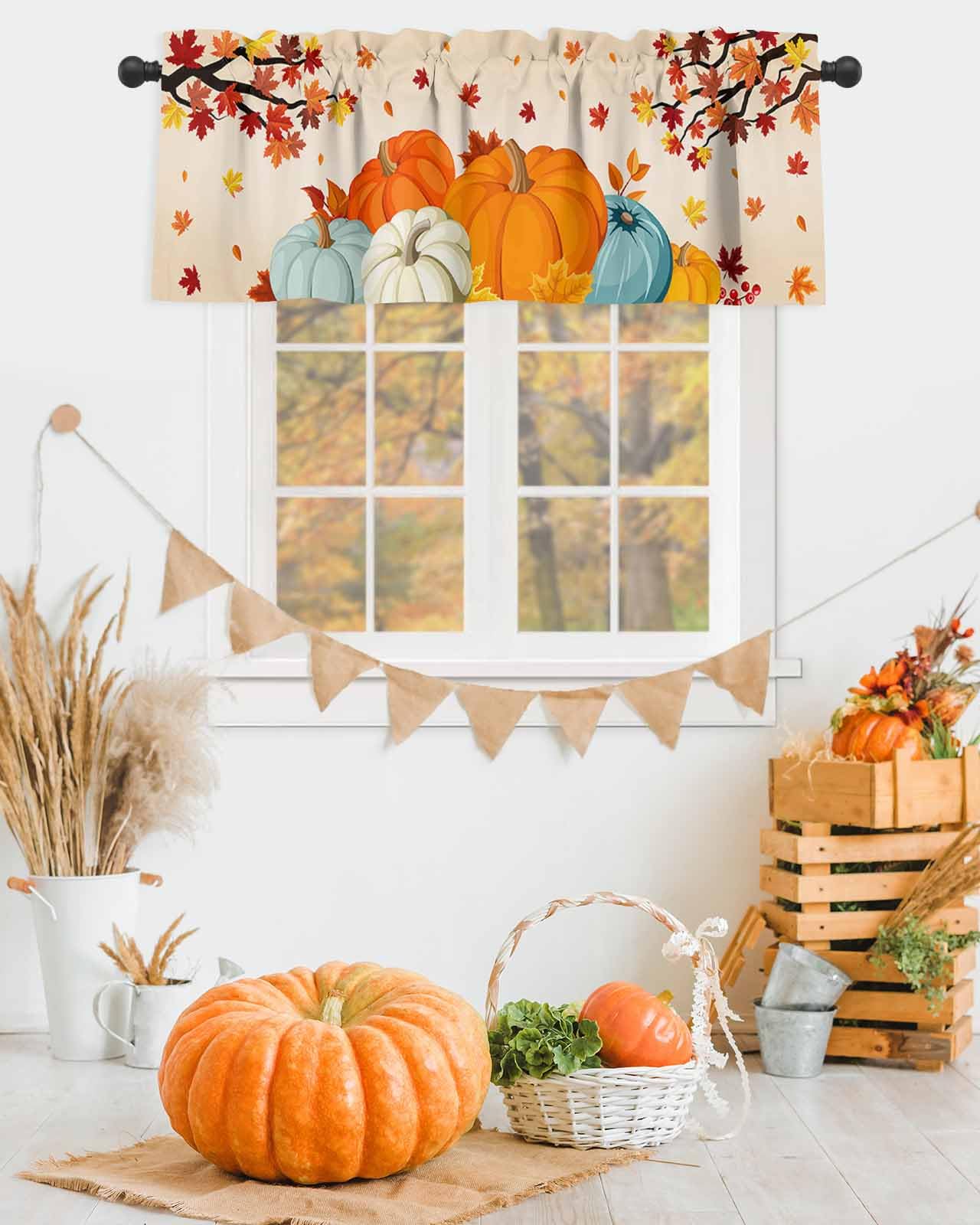 Harvest Pumpkin Valances Windows Curtain Thanksgiving Fall Kitchen Valances Rod Pocket Autumn Maple Leaf Window Curtain Treatment Short Topper Curtains Autumn, Fall Seasonal Decor 1 Panel,54 by 18 in