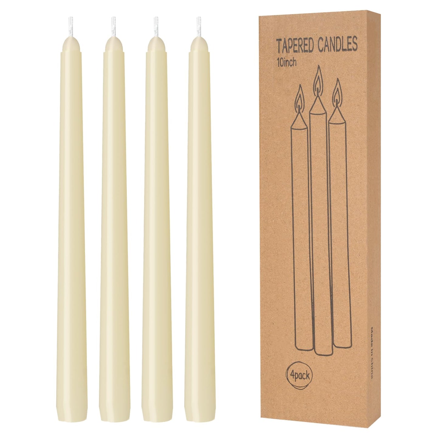 4 Pack Ivory Taper Candles - Taper Candles 10 Inch Dripless, Smokeless & Unscented - 8 Hours Long Burning - Hand Poured Tall Candlesticks - Ideal for Weddings, Dinner Parties, and Home Decor